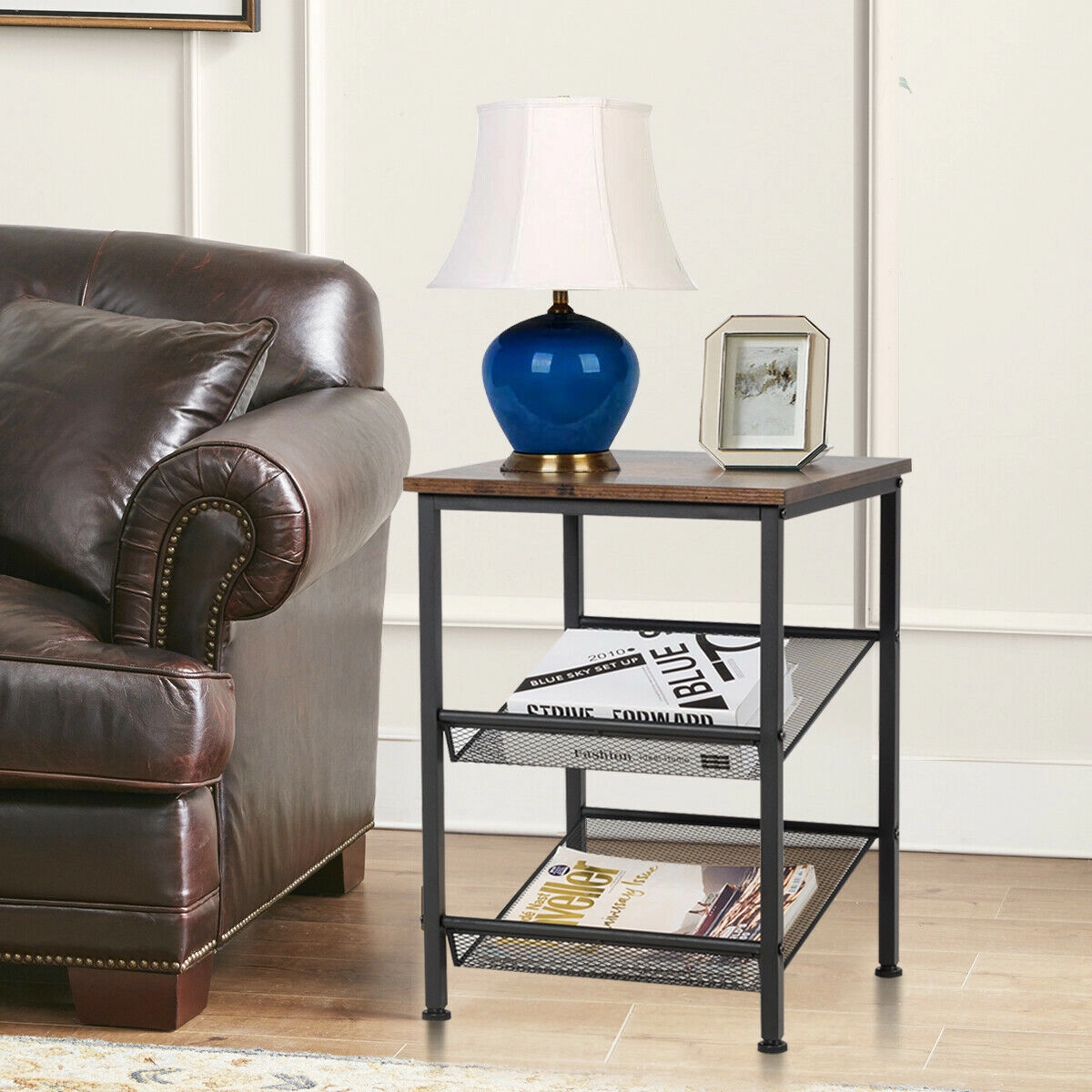 Glintex 3-Tier Industrial Side Table with Tiltable Mesh Shelves and Steel Frame, Rustic Brown