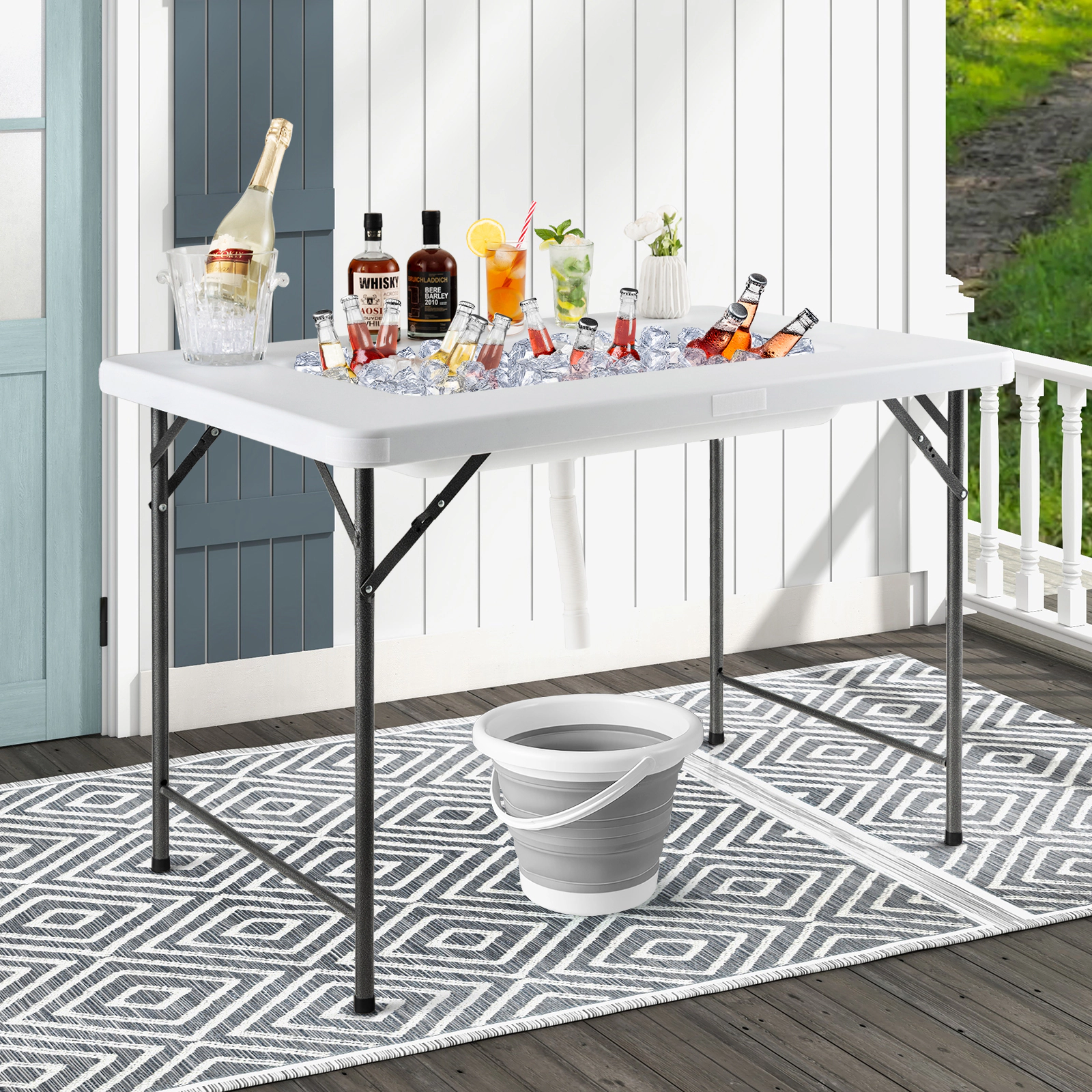 LJG 4 Feet Folding Ice Bin Table with Skirt for Camping Picnic Wedding with Ice Bucket