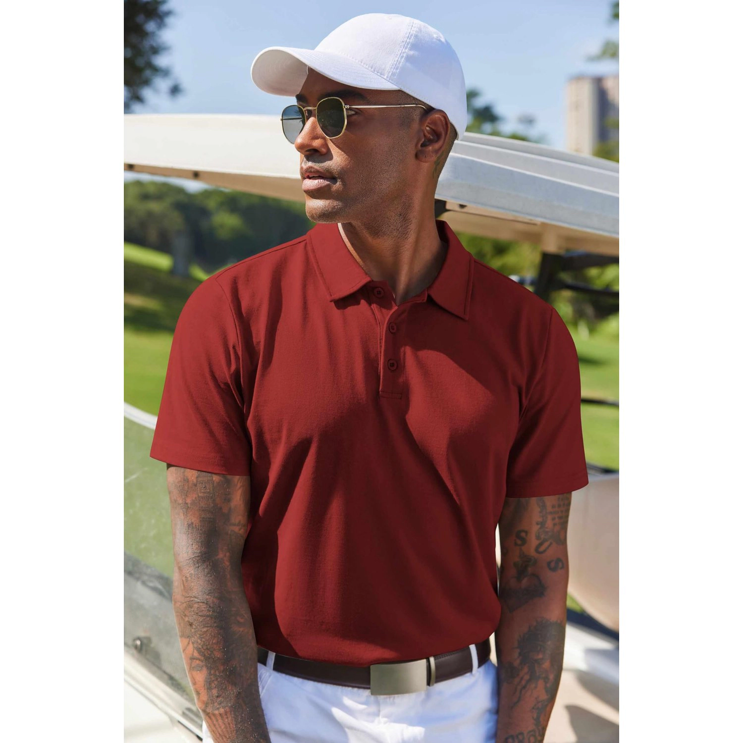 COOFANDY Mens Short Sleeve Polo Shirts  Ribbed Knit Button Collar Casual Tops