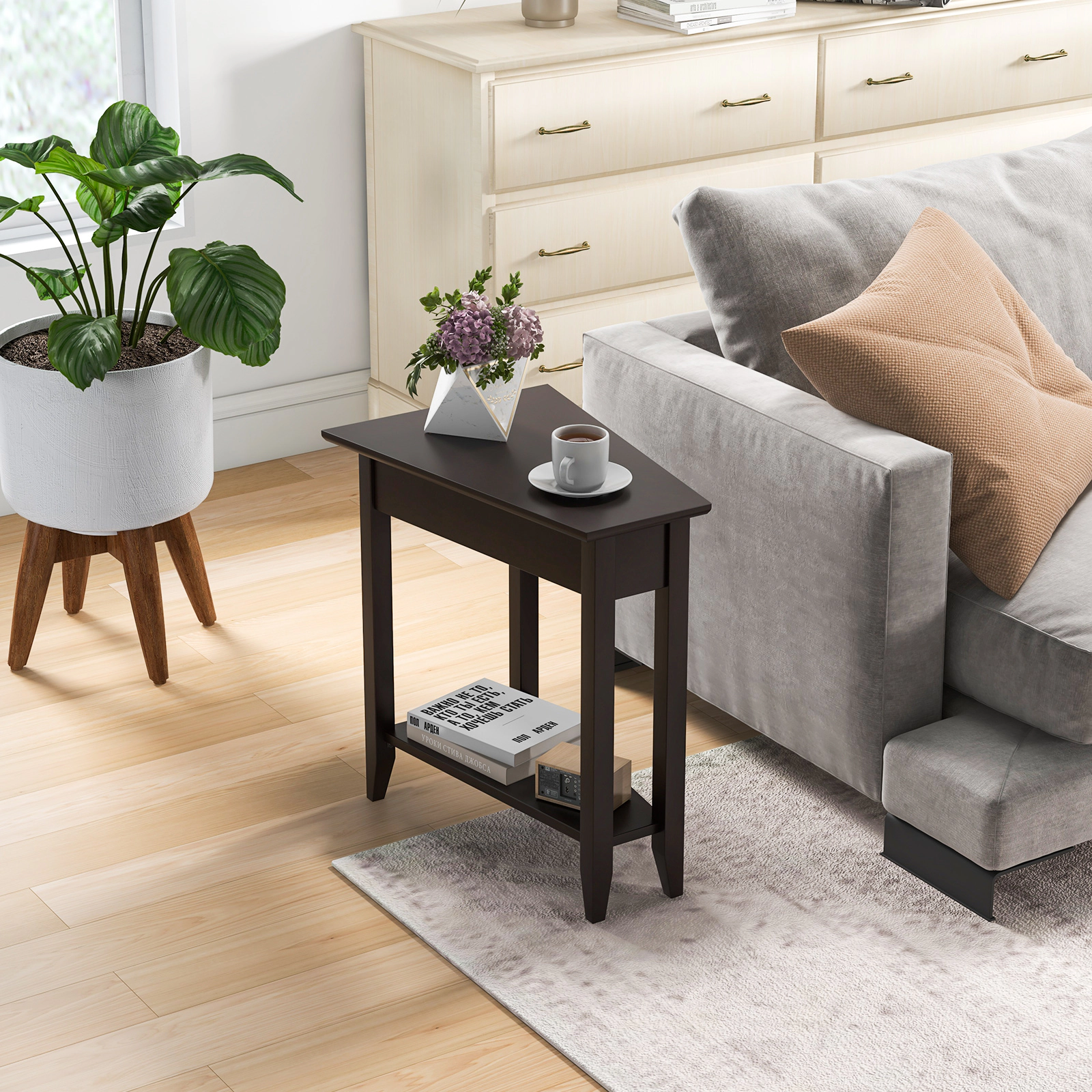 Hivvago Narrow Corner Side Table with Dual Shelves and Wooden Base