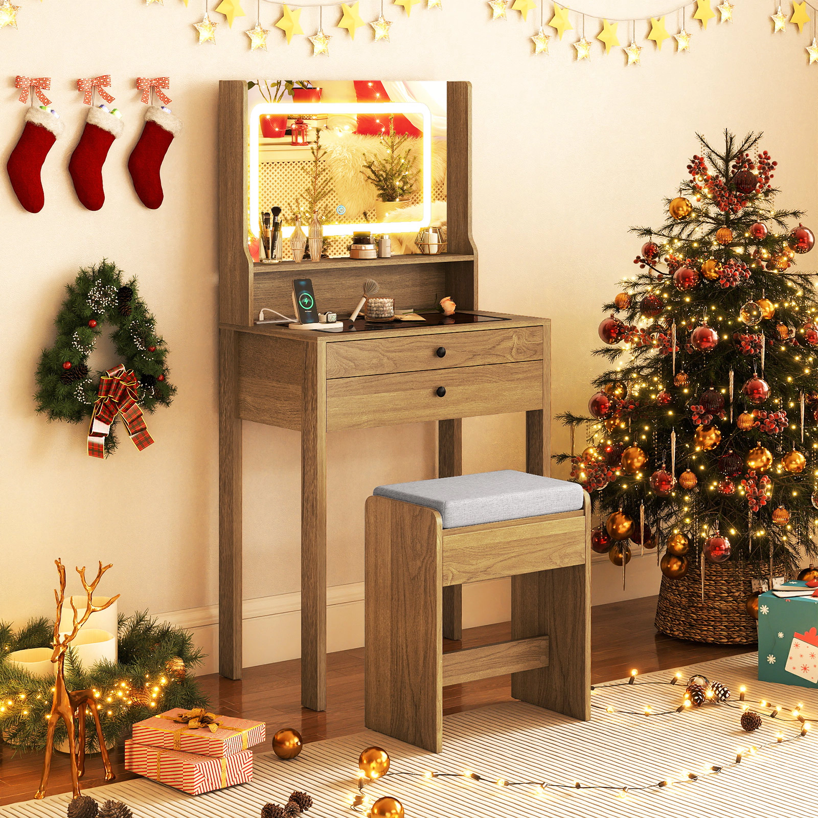 LJG Small Vanity Desk with Mirror and Lights for Bedroom