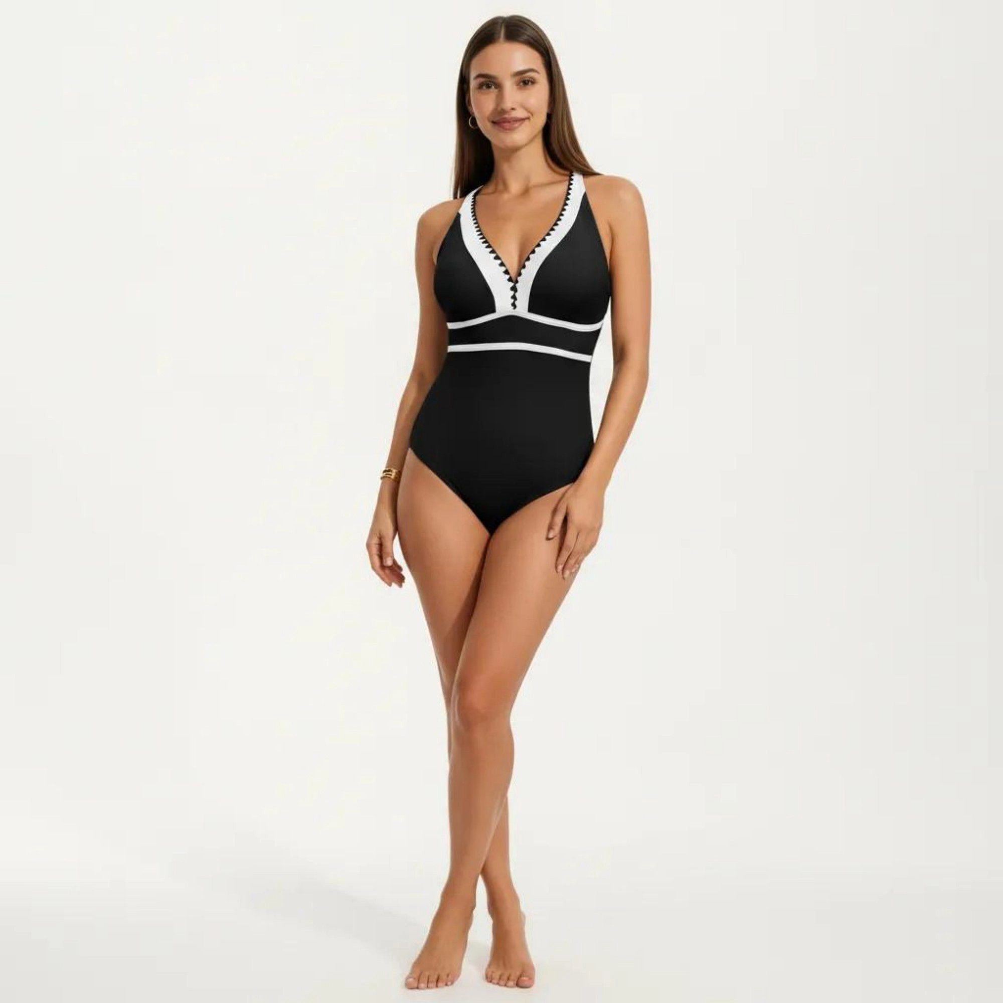 Anna-Kaci Womens Deep V-Neck Contrast Trim One-Piece Swimsuit