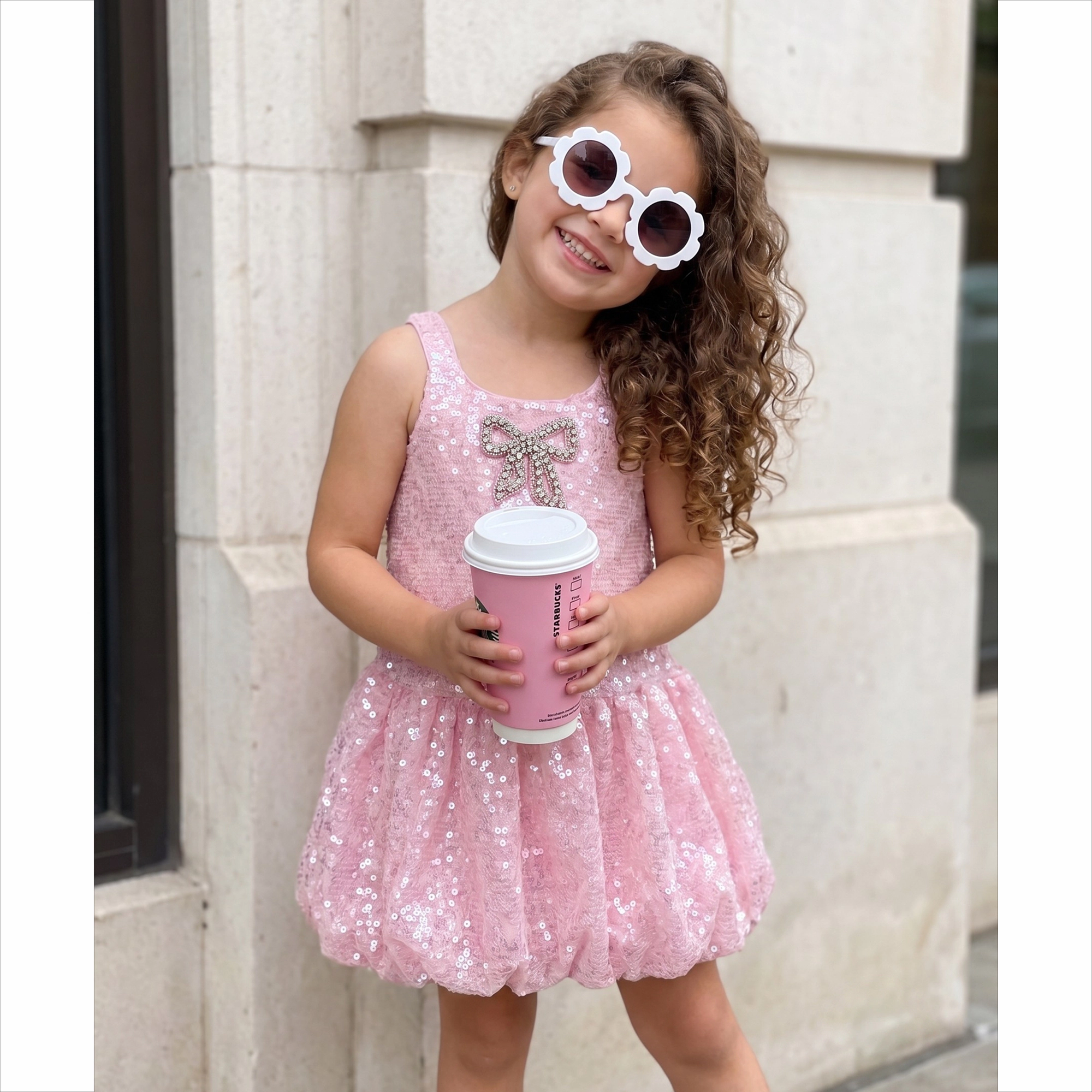 2Bunnies Girls' Sequin Sleeveless Bubble Dress with Rhinestone Bow