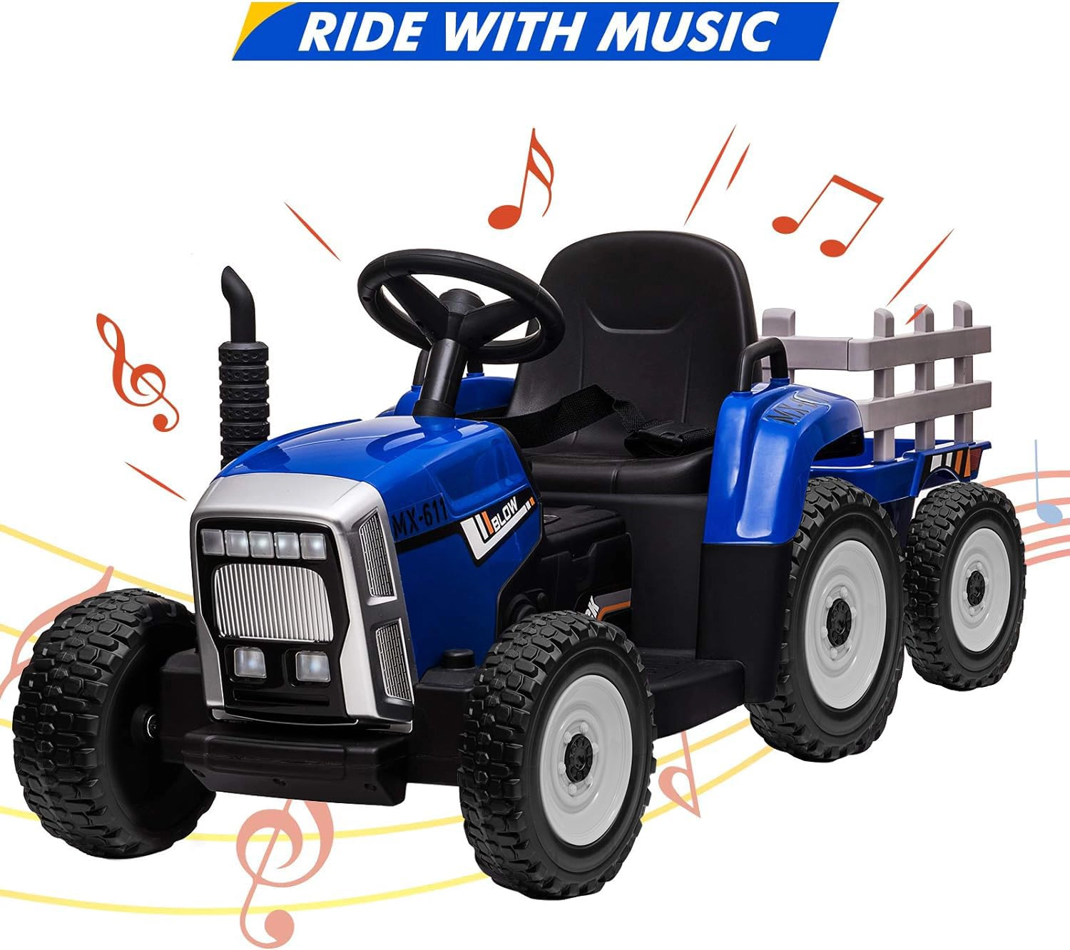 12V Kids Electric Tractor with Trailer, Ride On Car w/Remote, 7-LED Lights, 3-Speed Shift, MP3/USB, EVA Tires,35W