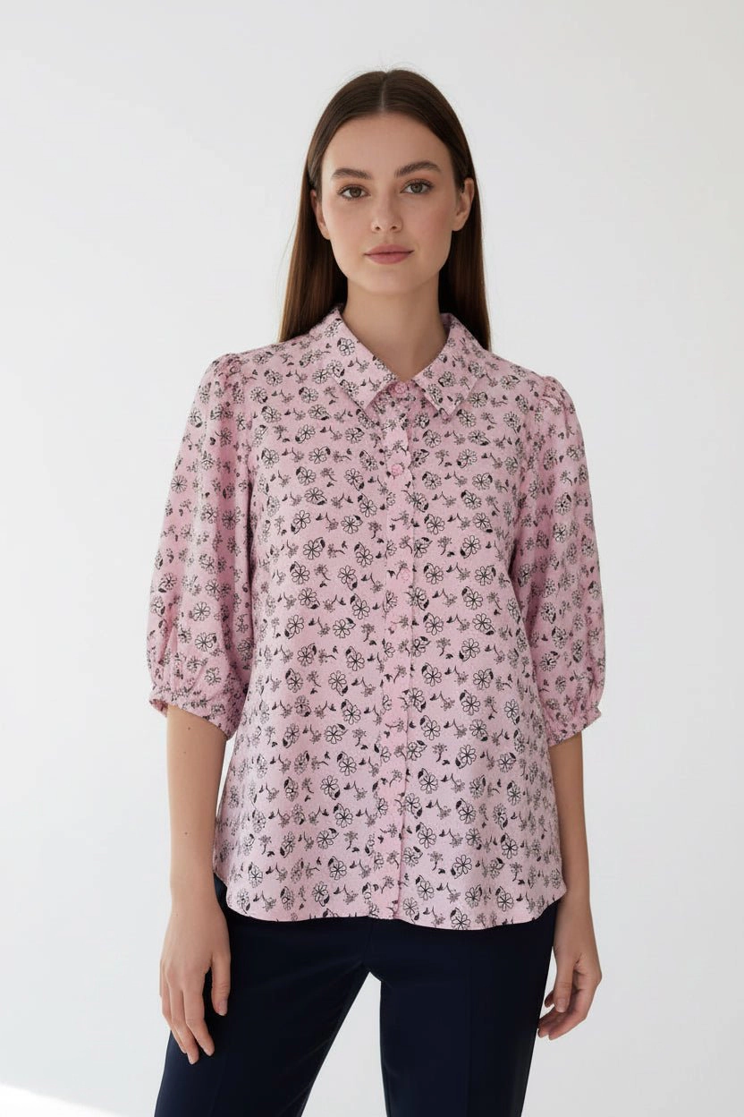 DressAtR Women's Puff Sleeve Collar Three Fourth Blouse