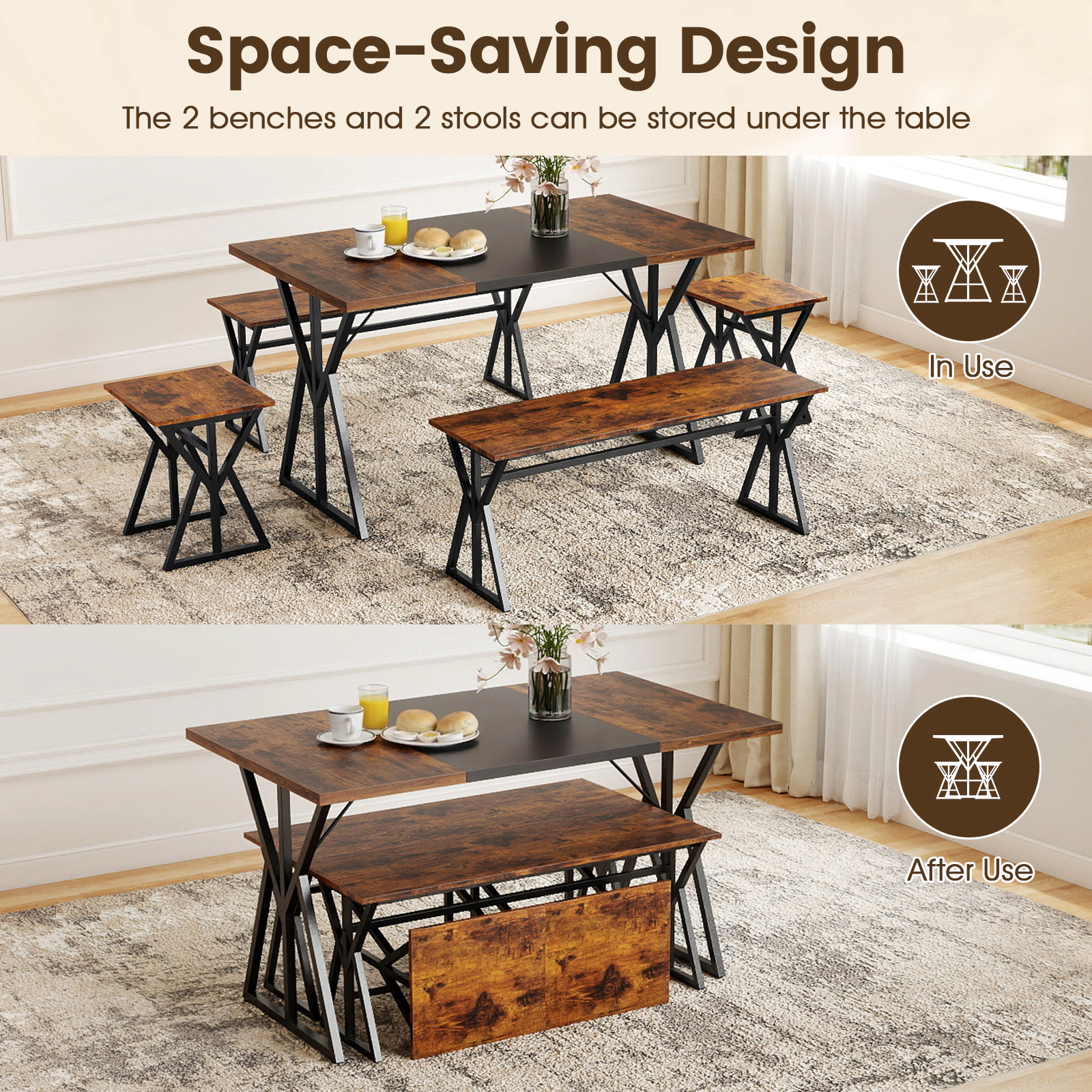 SUGIFT 5-Piece 55-Inch Rustic Brown Dining Set with 2 Benches and 2 Stools