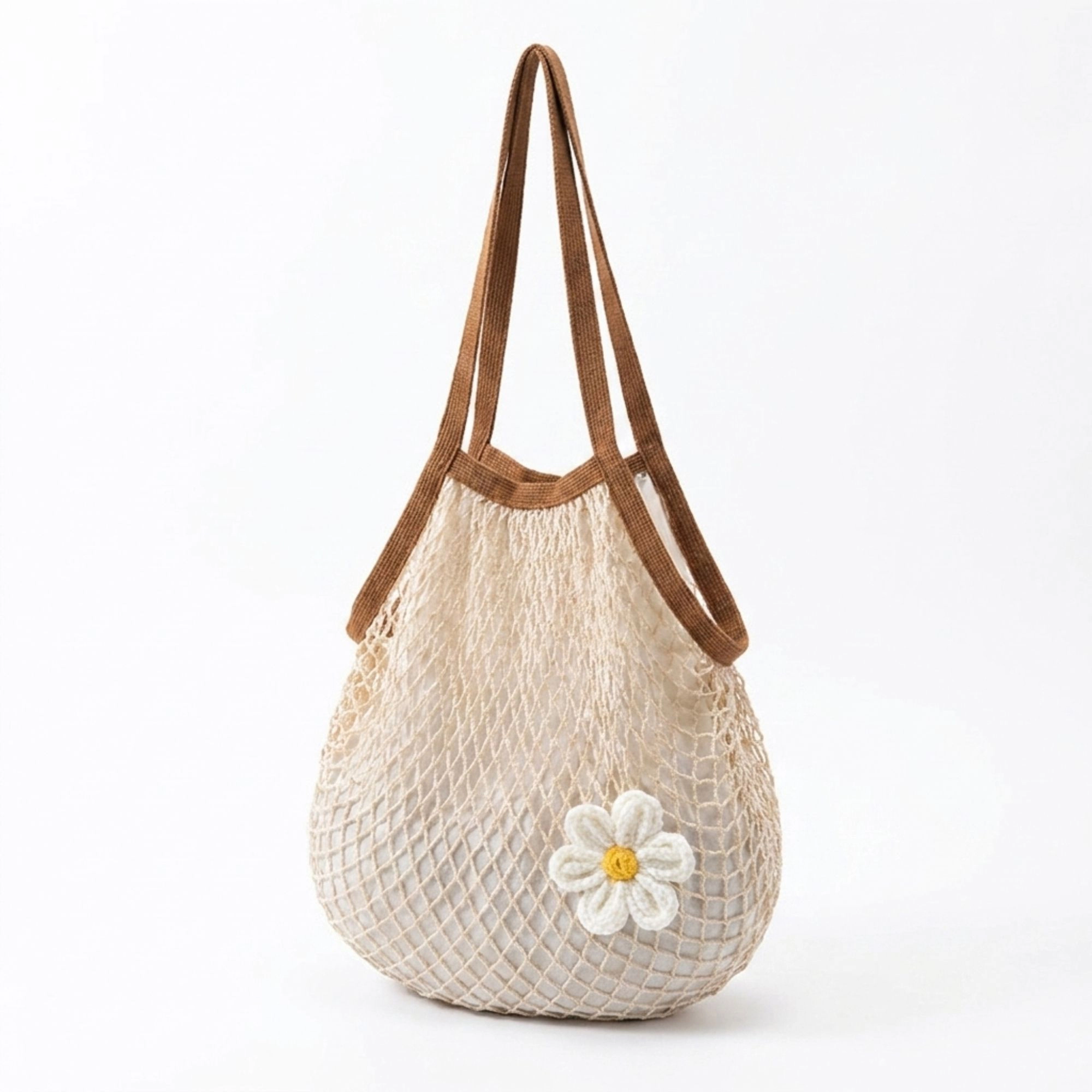 Alilang Women's Crochet Style Net Tote Bag with Daisy Accent and Shoulder Straps, Red