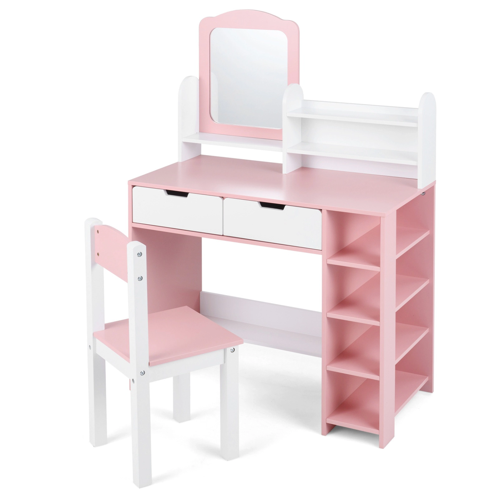 SUGIFT Kids Vanity Set White and Pink with Mirror Chair 2 Drawers and Side Shelves