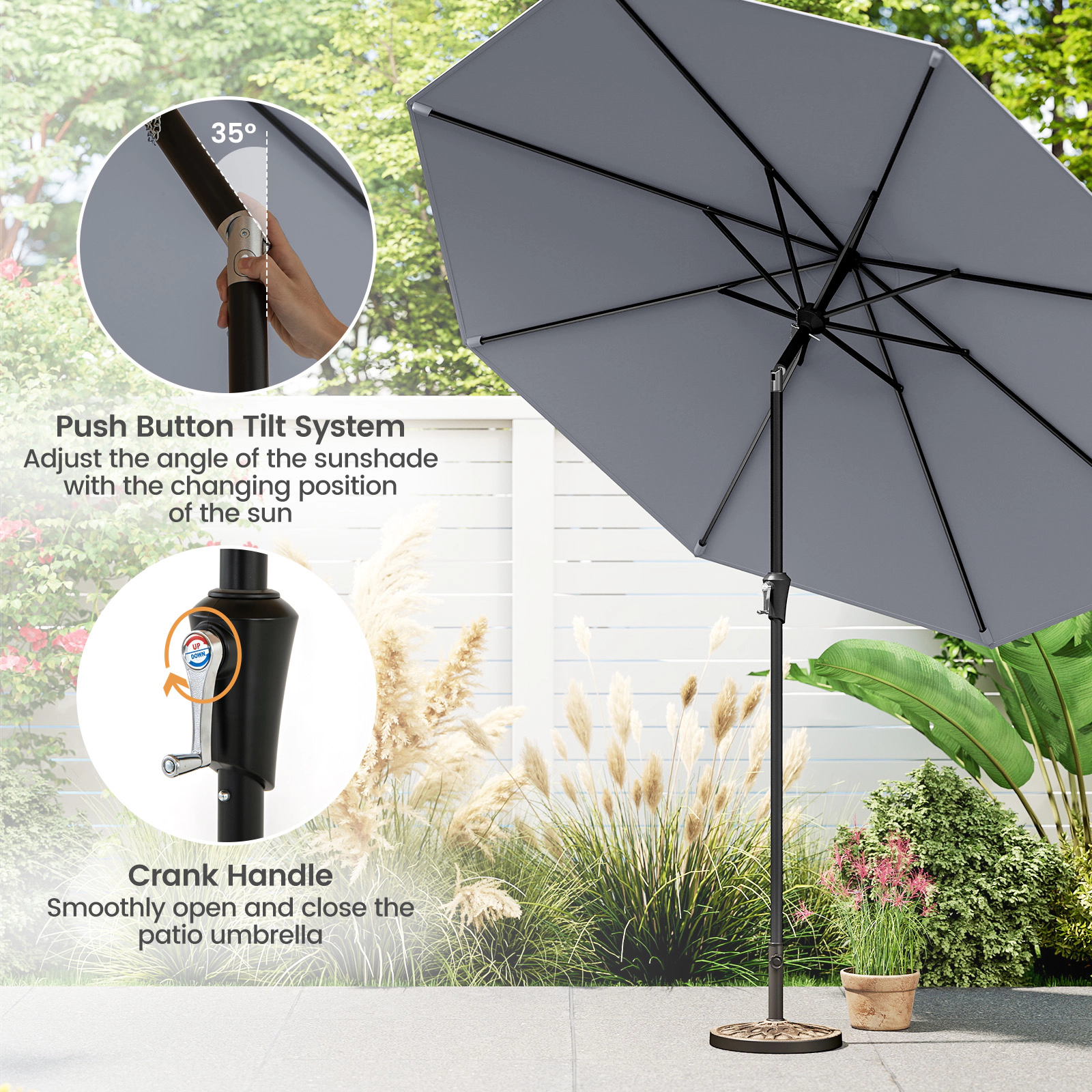 SUGIFT 9-ft Outdoor Market Patio Table Umbrella with Push Button Tilt Crank Lift Gray