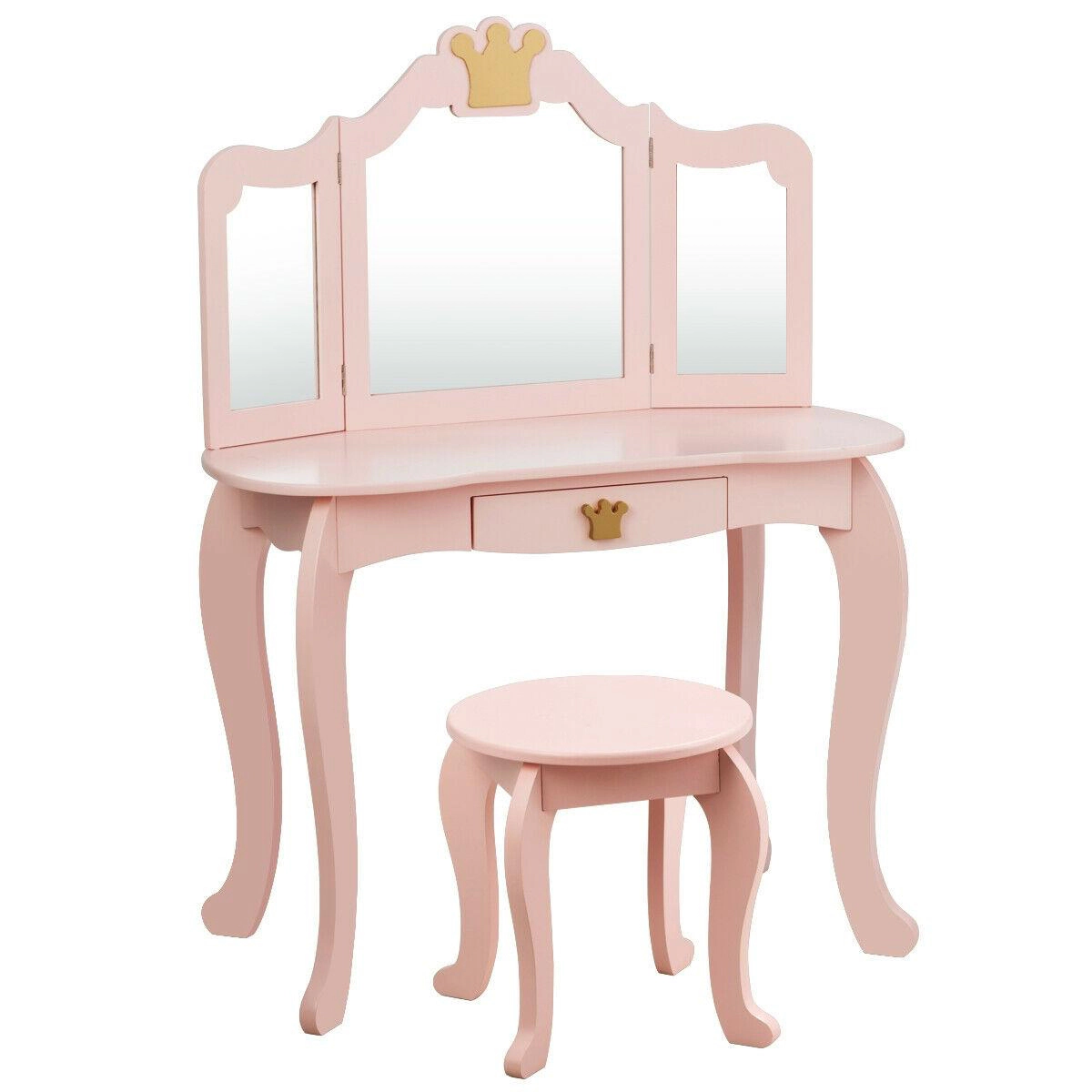 SUGIFT Kids Makeup Dressing Table Vanity with Tri-folding Mirror and Stool 33-lb Table 66-lb Stool Capacity Pink/White