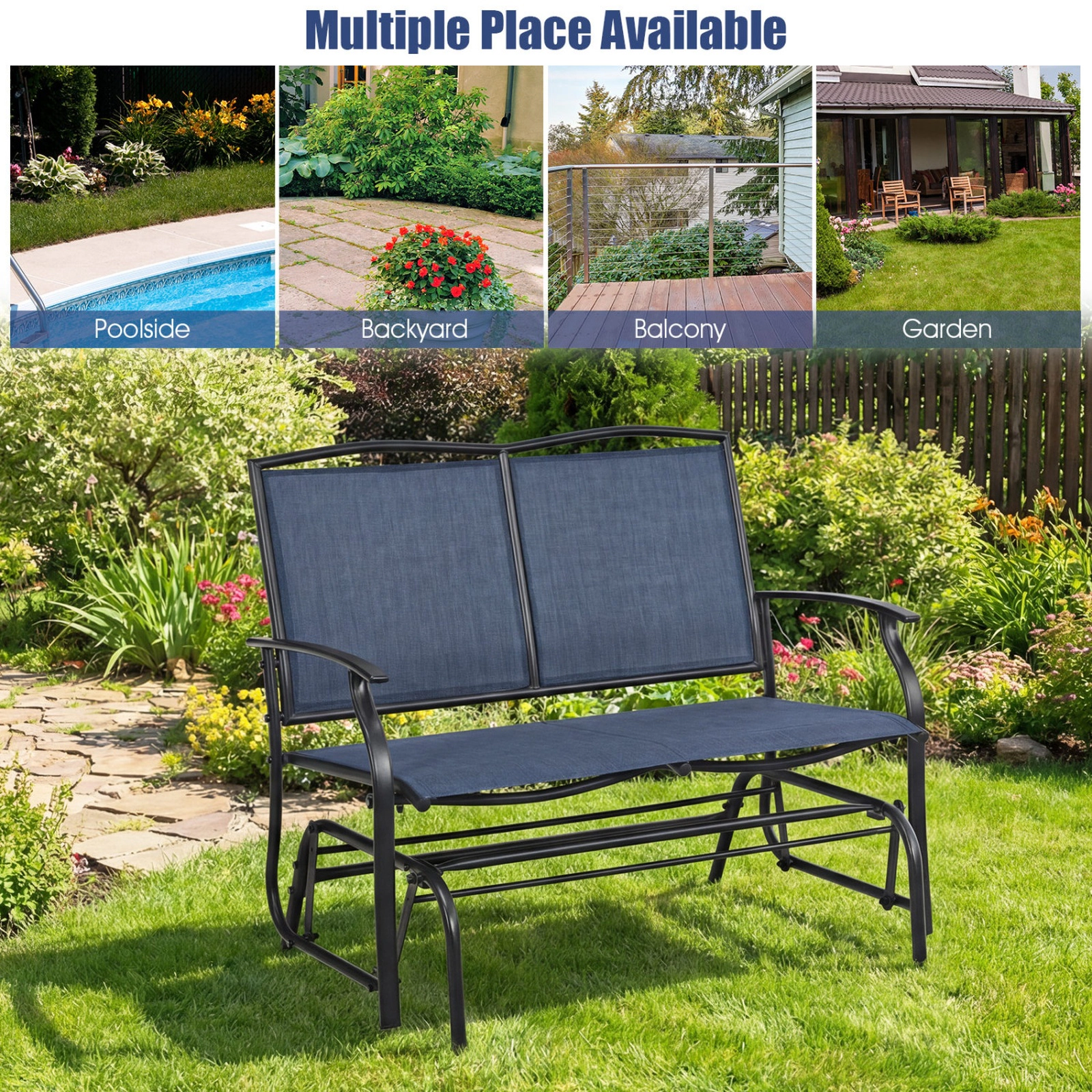 SUGIFT Steel Textilene Patio Rocking Loveseat Chair 396-Lb Capacity Seats 2 Navy Black Brown Gray
