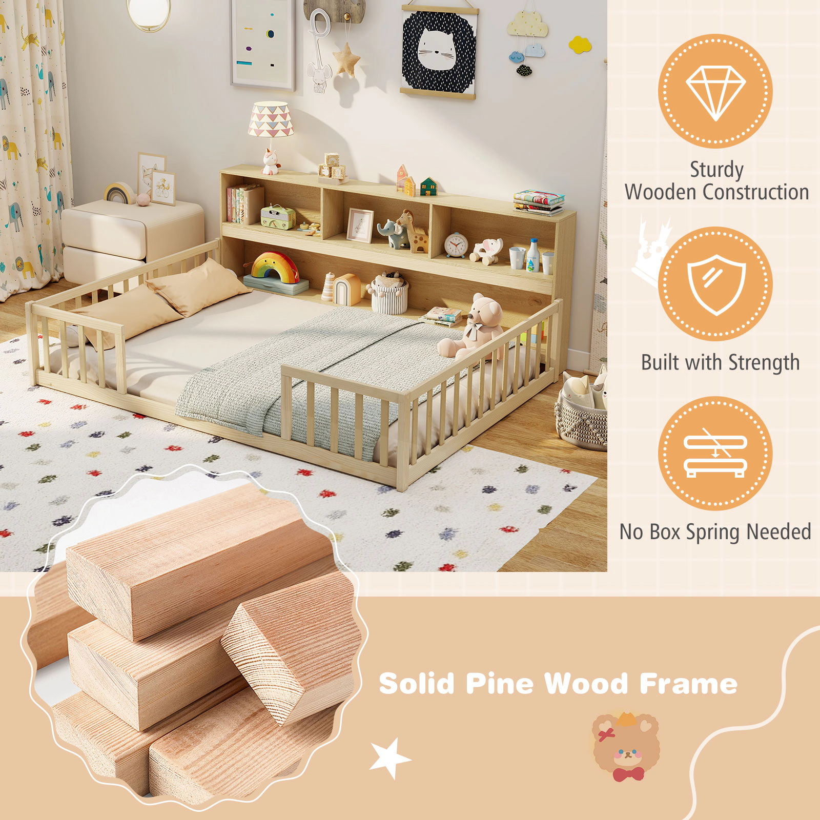 SUGIFT Integrated Bookcase and Full-Length Guardrails Pine Wood Full Kids Montessori Floor Bed
