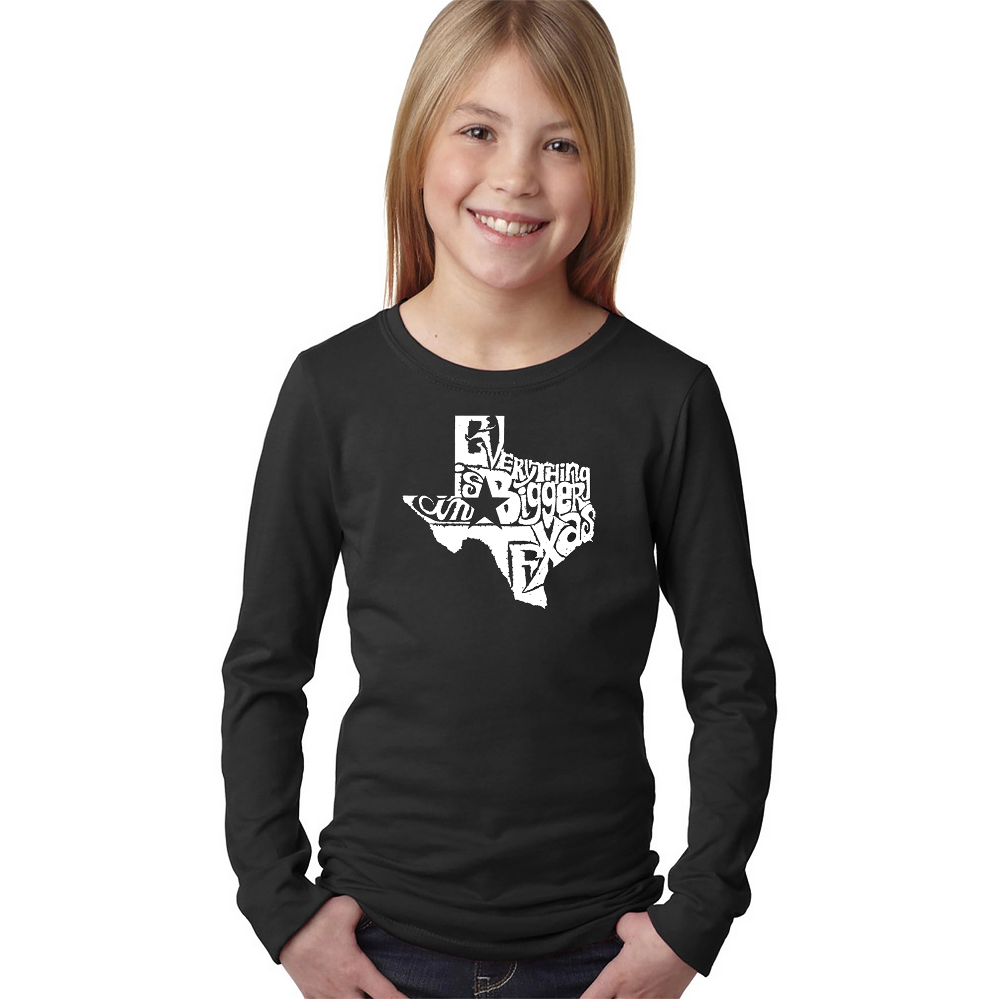 LA Pop Art Girls Long Sleeve Word T-Shirt - Everything is Bigger Texas