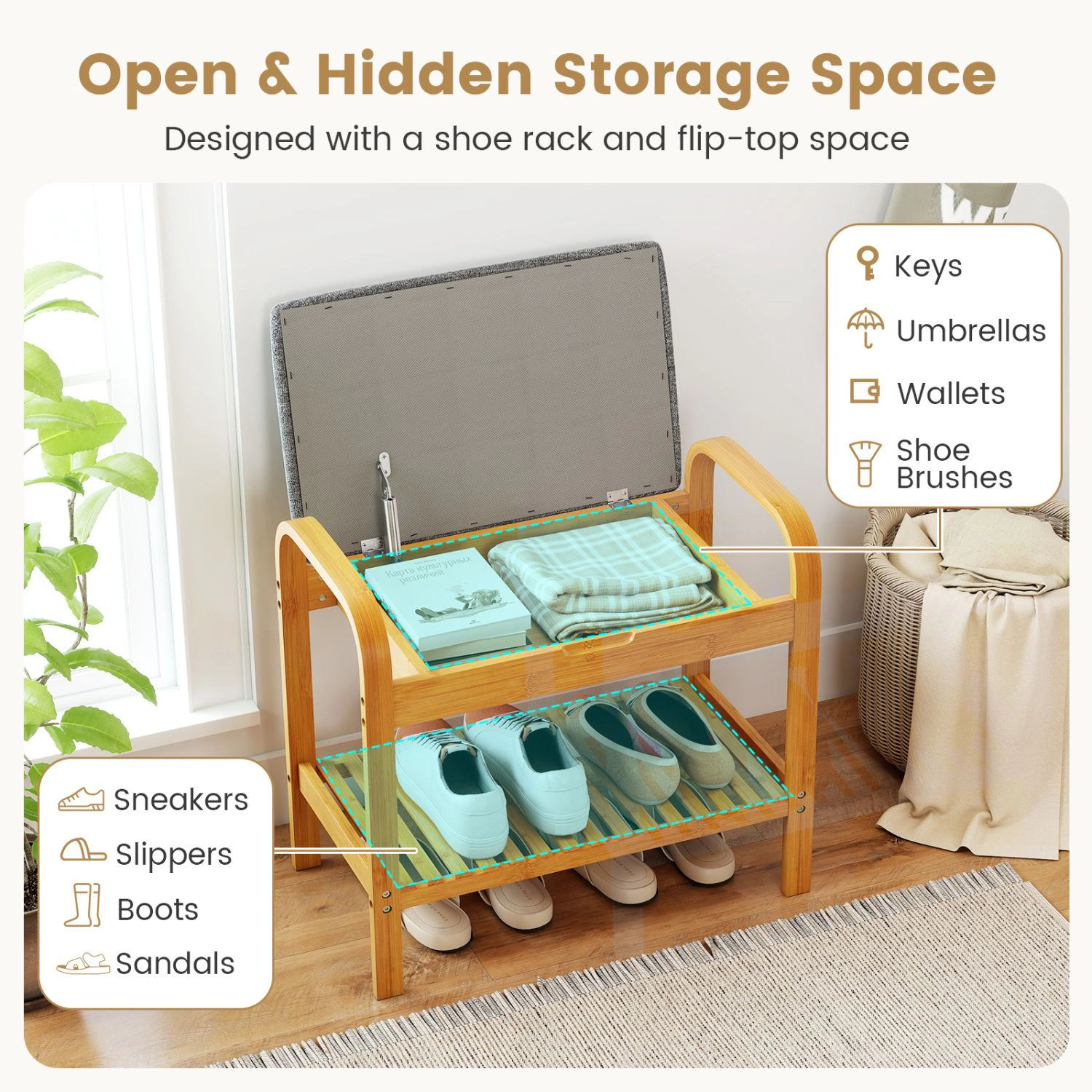 SlickBlue 2 Tier Shoe Rack Bench with Cushioned Seat