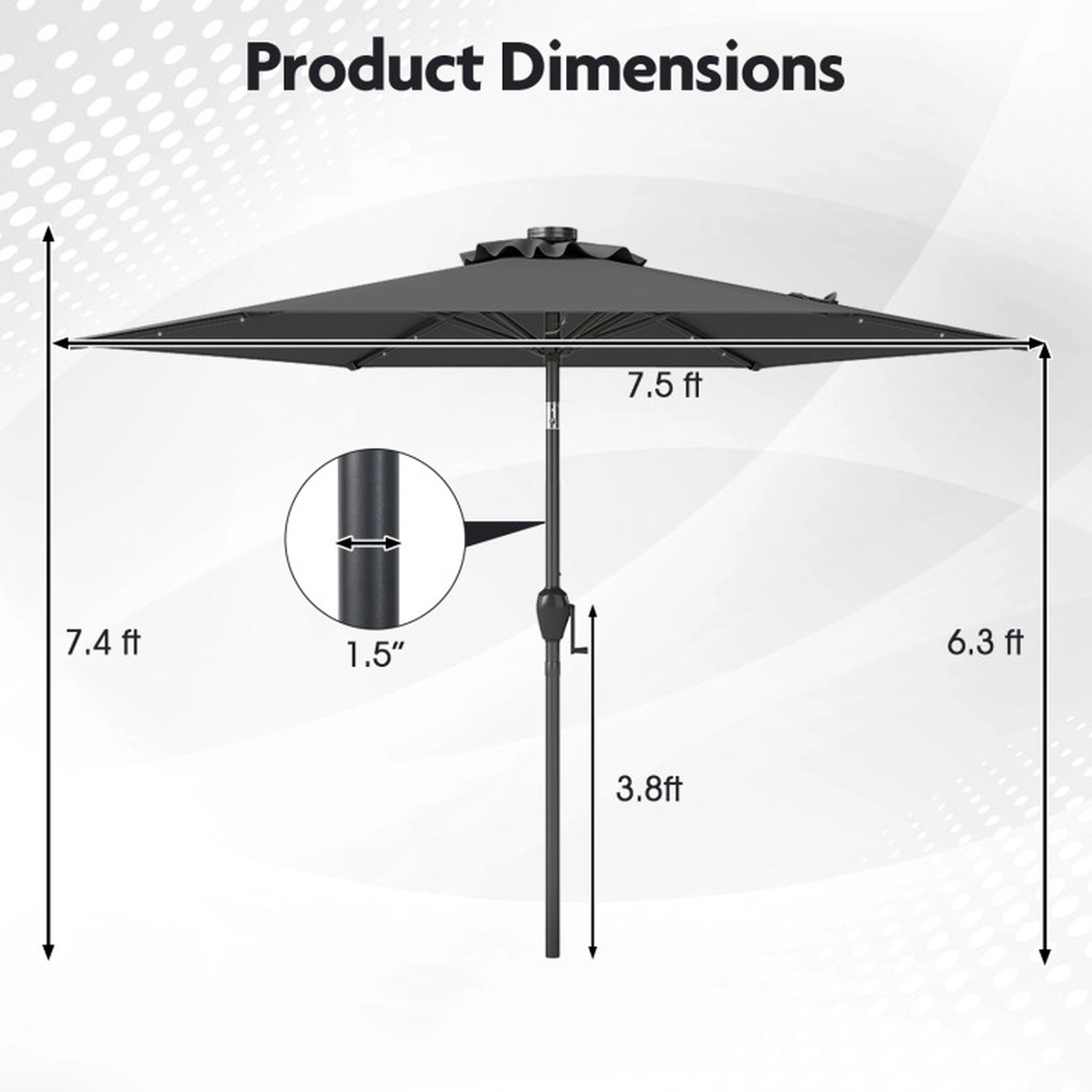 SUGIFT Solar Powered Patio Umbrella with 18 LED Lights and Crank Handle 7.5-ft Metal Polyester Frame Gray