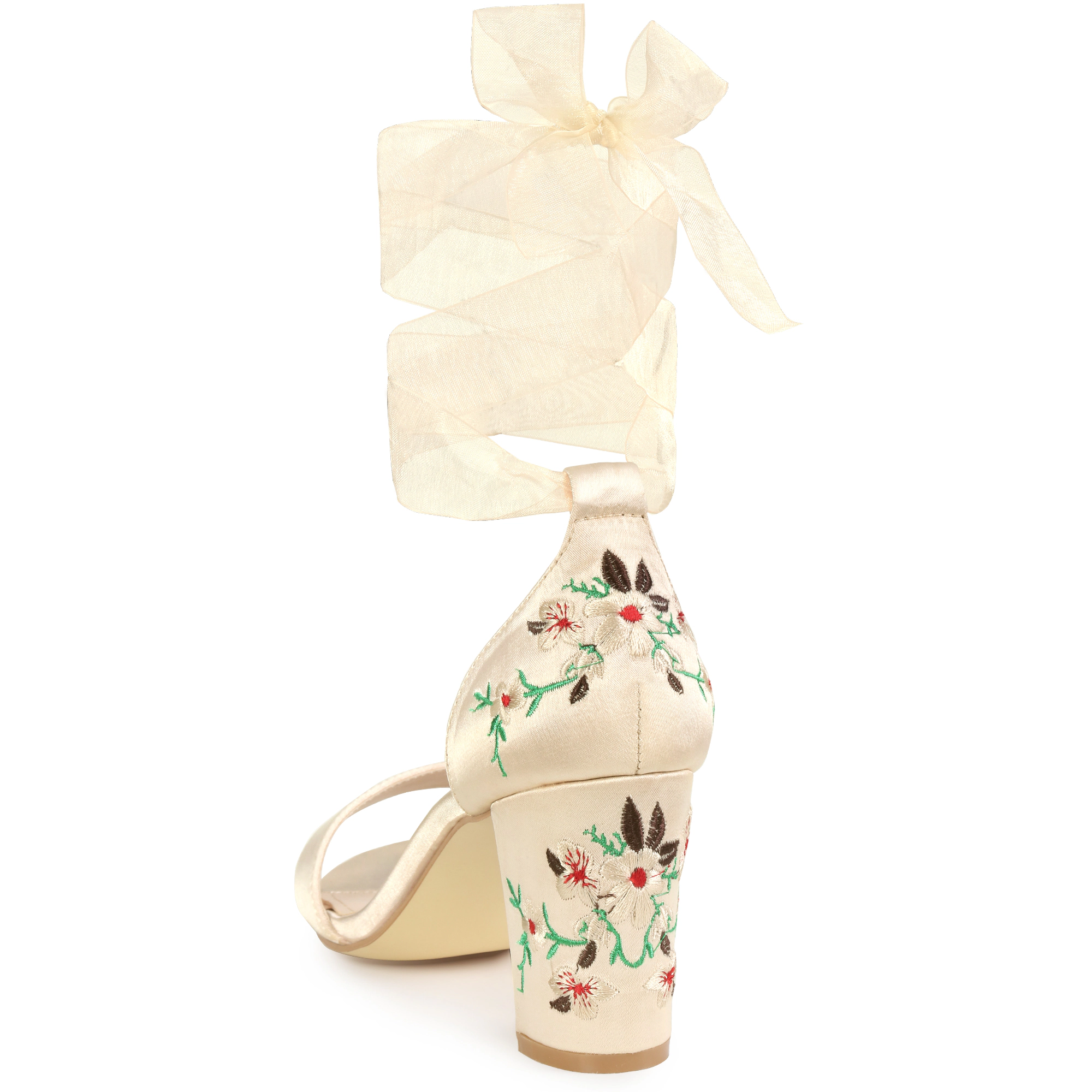 BLISSFUL STEP Women's Satin Floral Lace Up Chunky Heel Open Toe Sandals