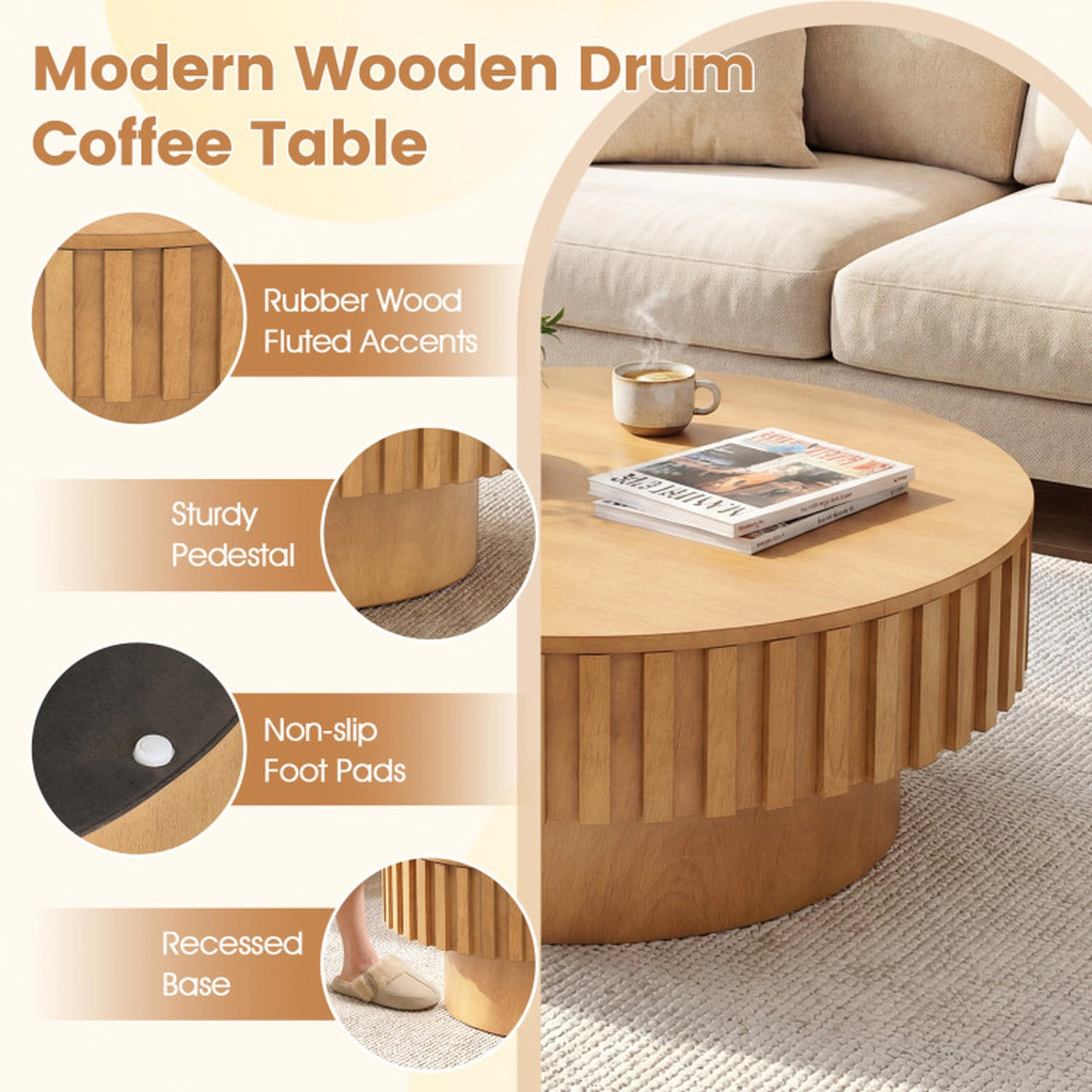 SUGIFT 31-in Round 265-lb Capacity Natural Wooden Drum Coffee Table with Hidden Storage Compartment