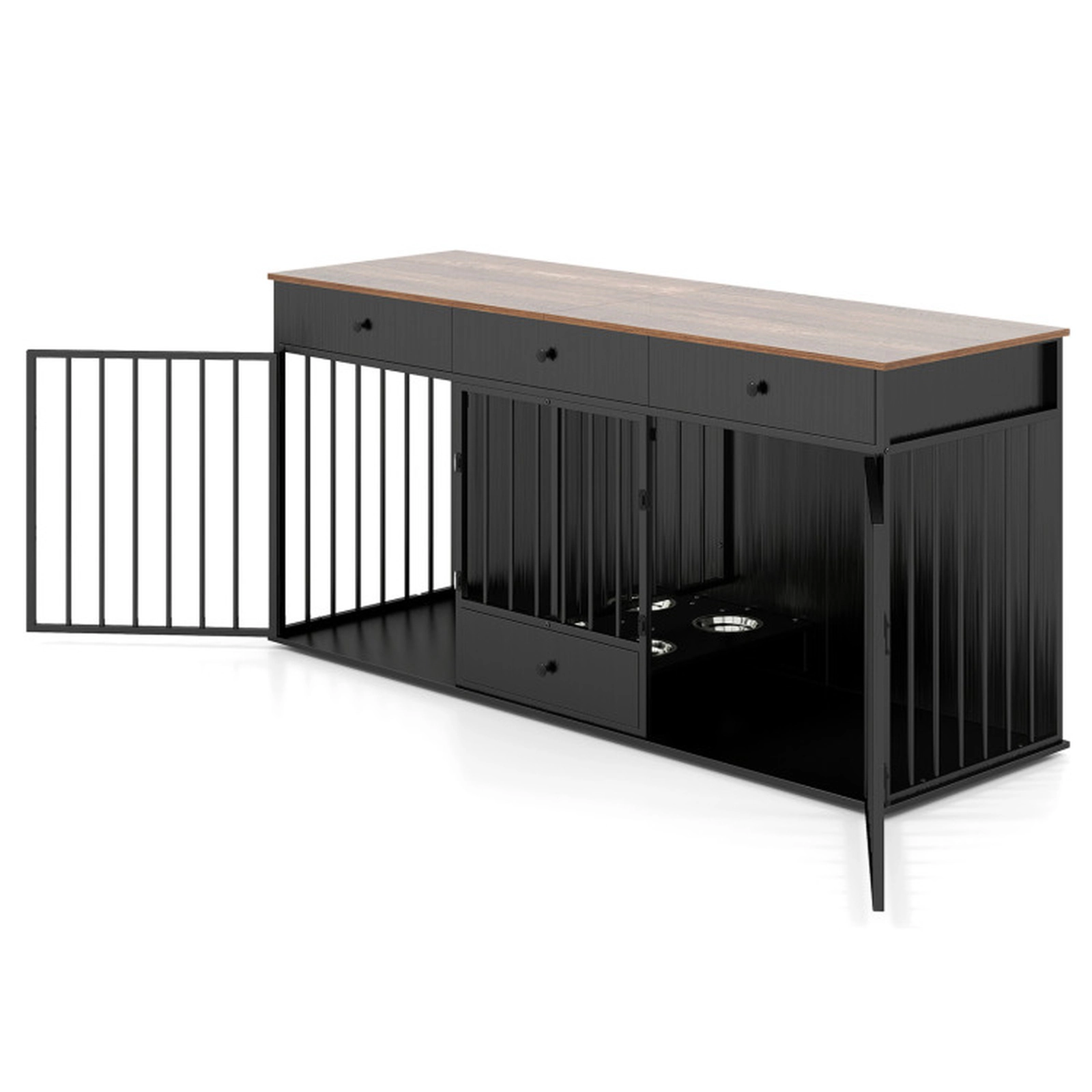 SUGIFT Modern Dog Crate Furniture for 2 Dogs with Divider 3 Drawers Pull-Out Feeder and 2 Steel Bowls
