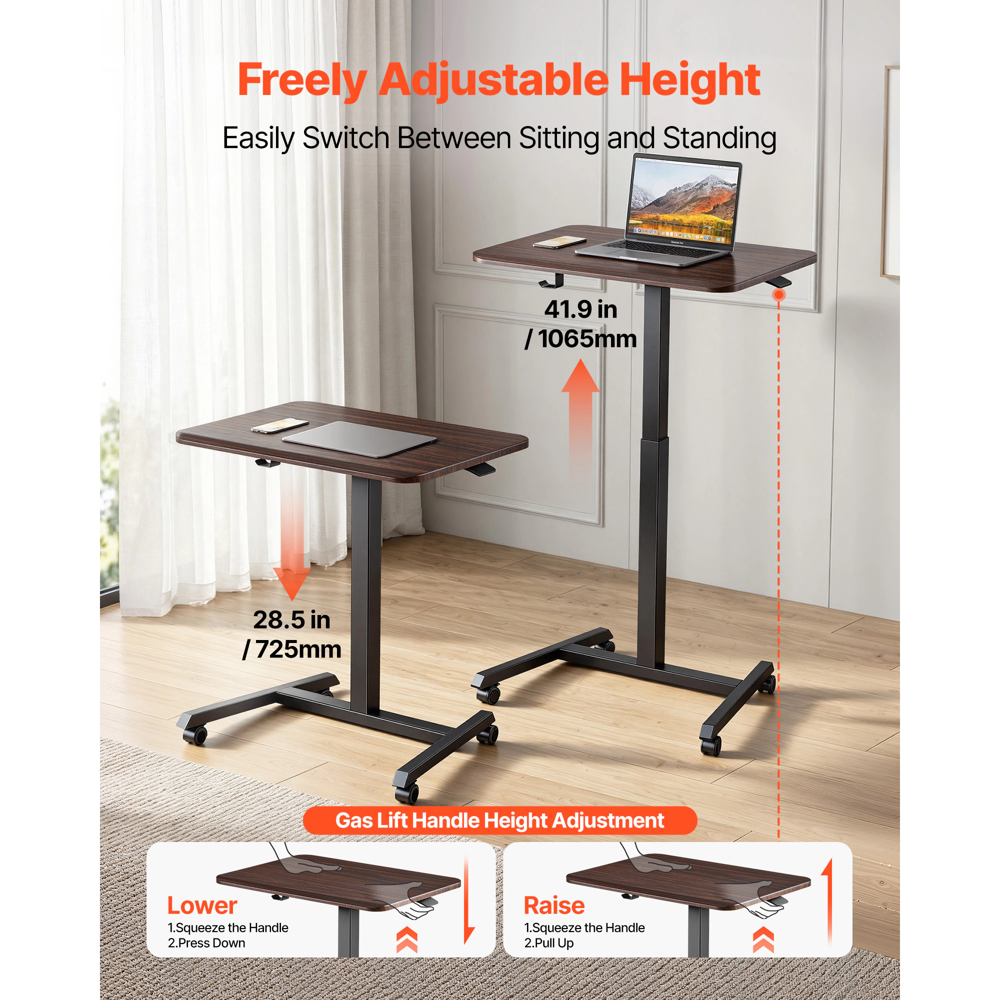 HONGGE Standing Desk, Adjustable Height Mobile Stand Up Desk with Casters, Small Computer Sit