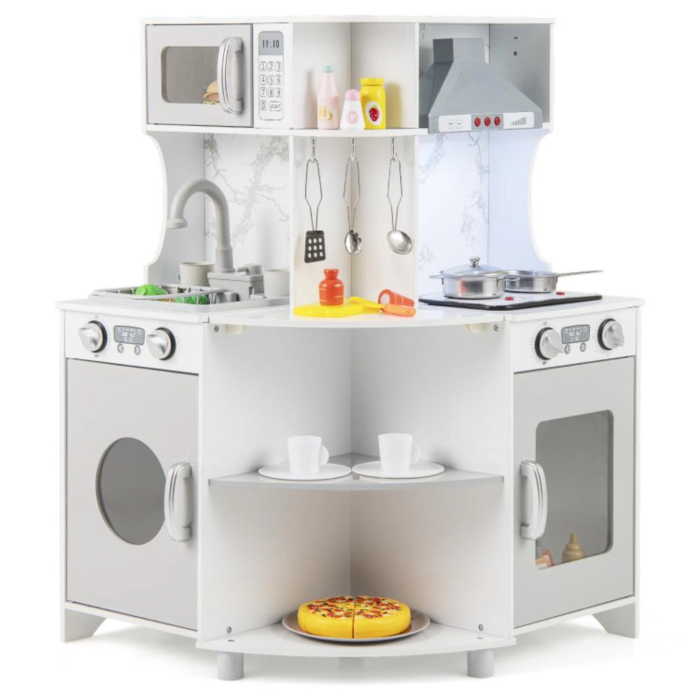 Hivvago Kids Corner Wooden Play Kitchen with Range Hood and Stoves-Gray