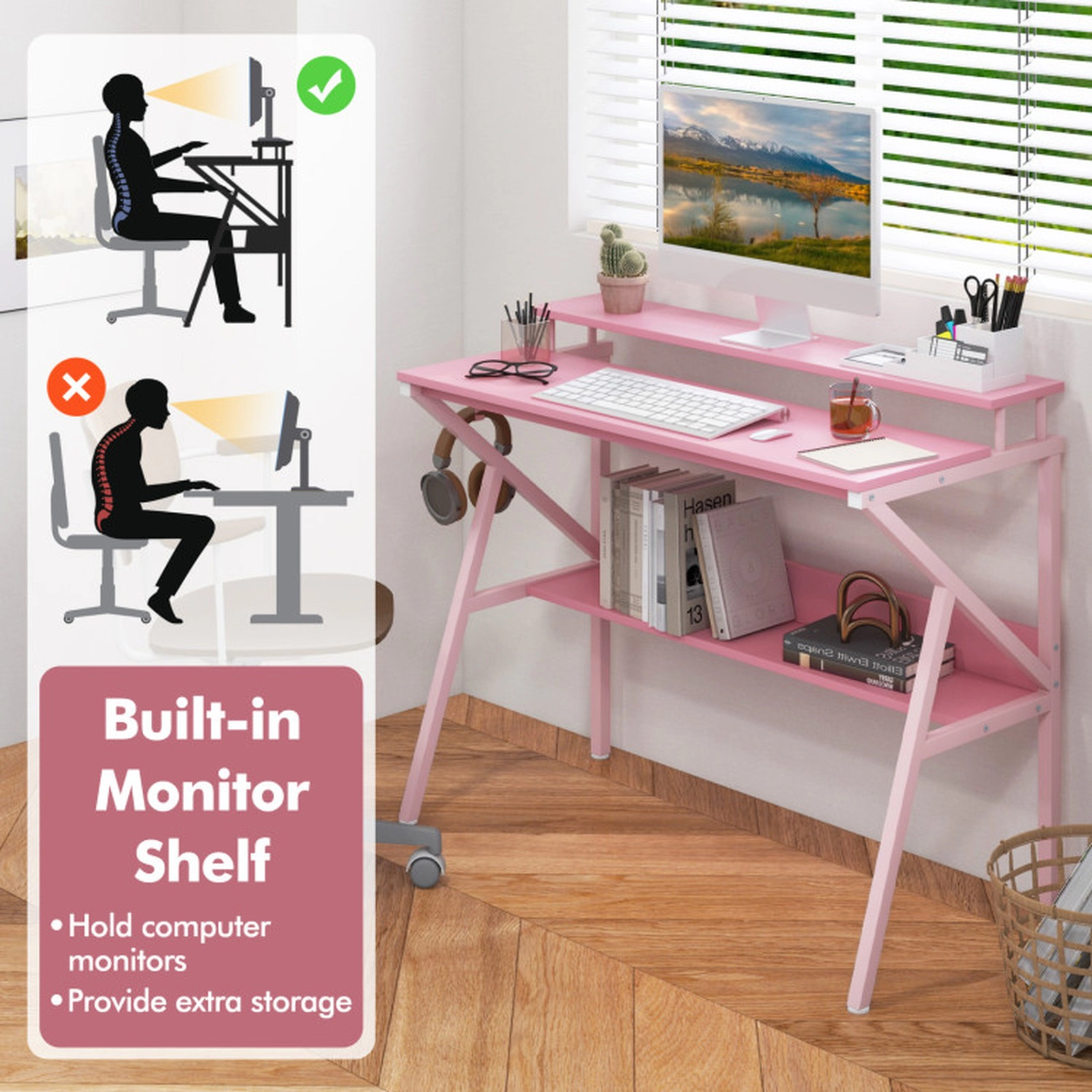 SUGIFT 39.5-in Pink Computer Desk with Monitor Stand, Shelf and Hooks
