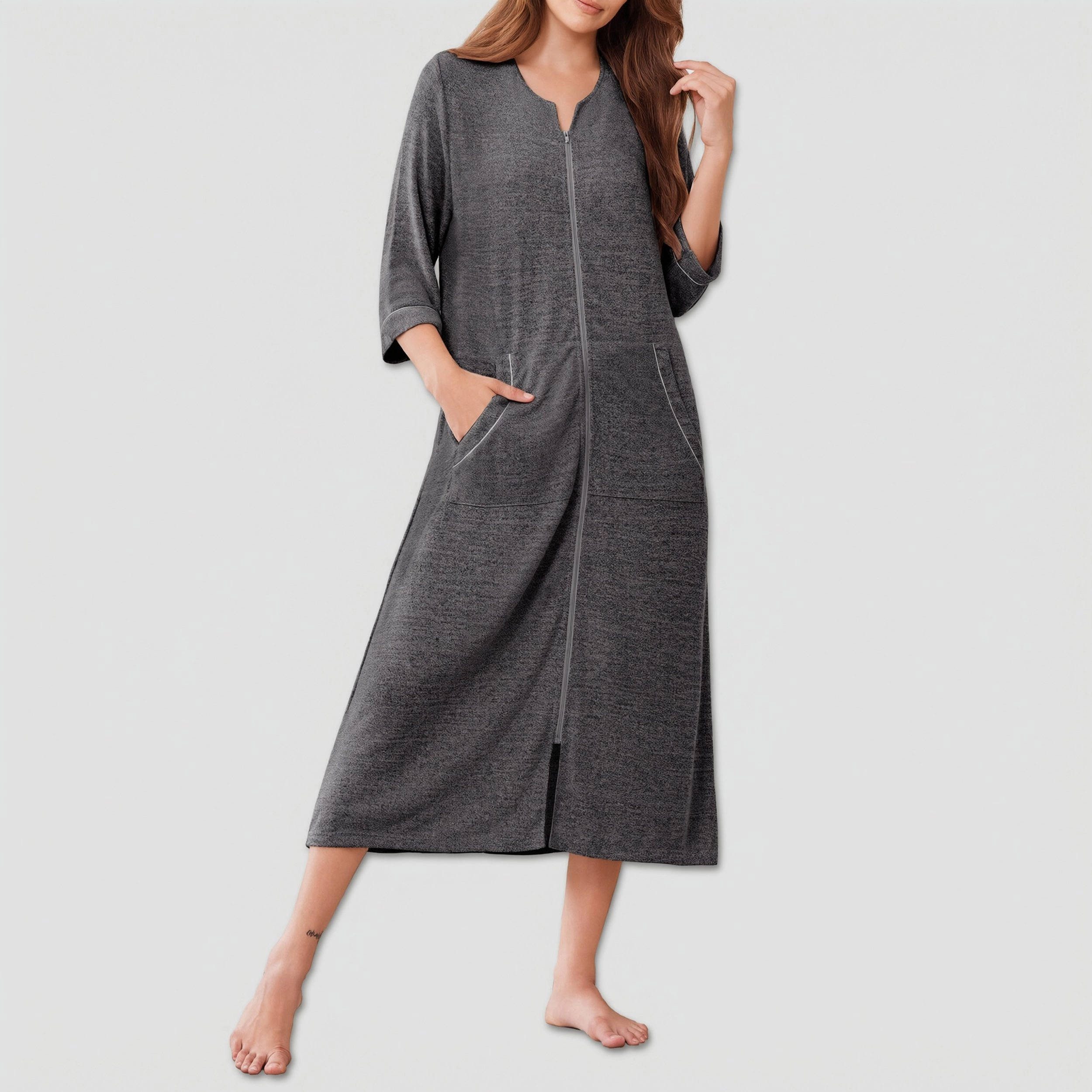 Ekouaer Zipper Robes Three Quarter Sleeve Bathrobe House Coats with Pockets Long Moo Nightgown