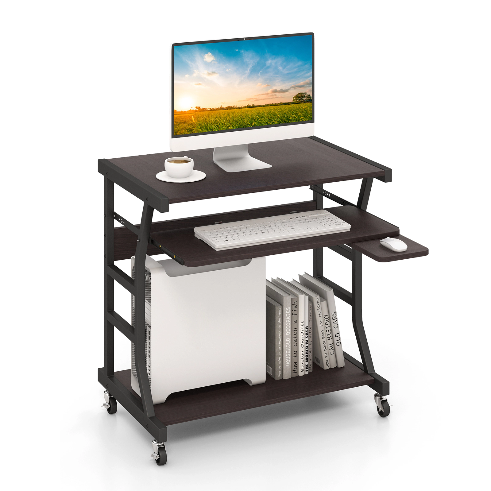 SUGIFT Dark Brown Keyboard Tray Rotatable Mouse Tray and Shelf 29.5 Inch Mobile Computer Desk