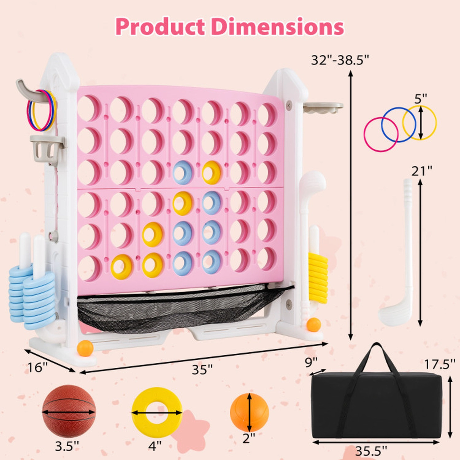 SUGIFT 4-in-1 Height Adjustable Row Connect Game with Mesh Net and Carrying Bag 32-in Tall Frame Pink