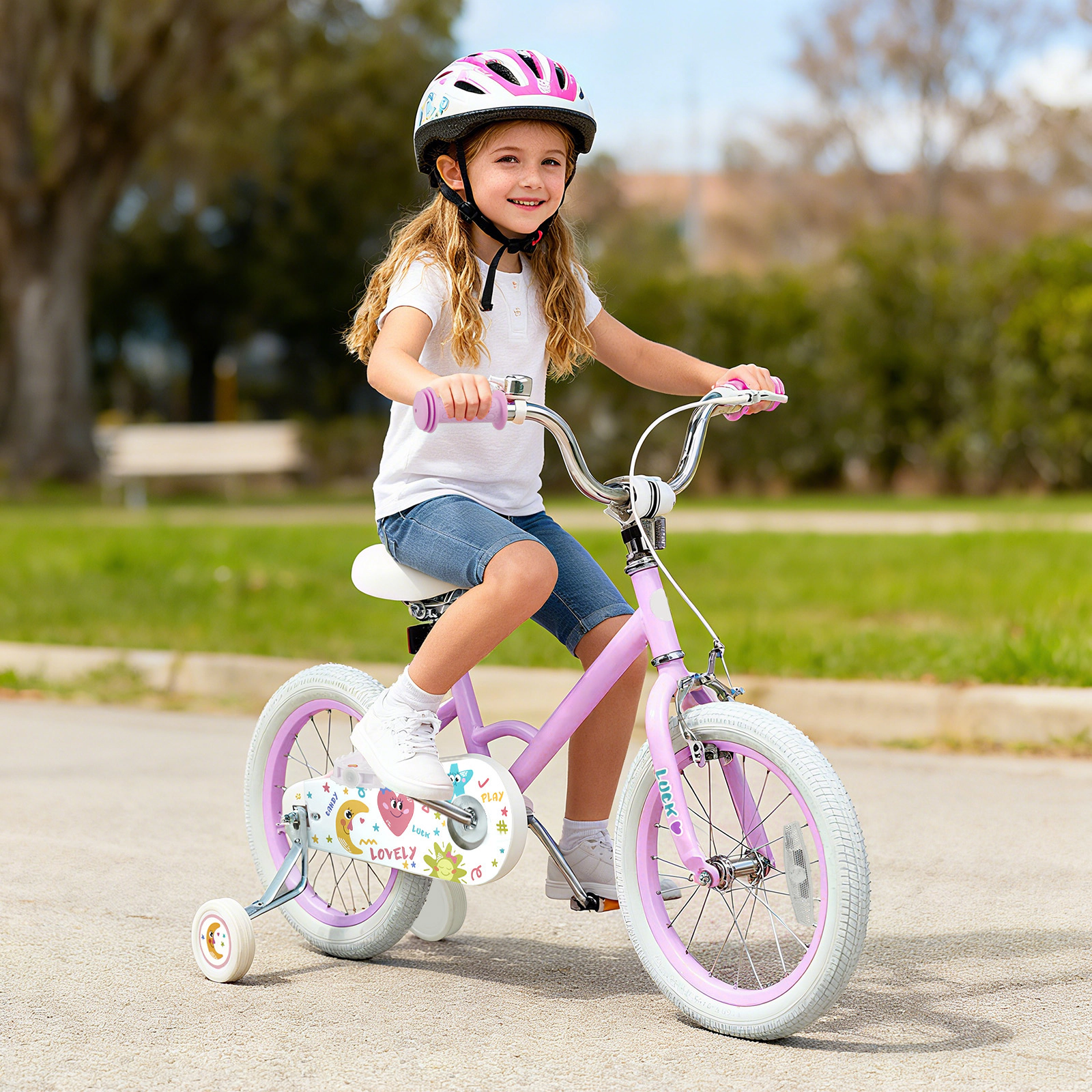 SUGIFT Adjustable 16-Inch Kids Bicycle with Training Wheels 110-lb Seat Capacity Ages 4-7 Purple Stars & Moon