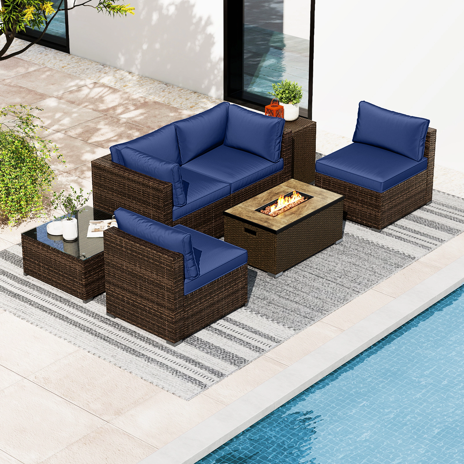 SUGIFT 32 40000 BTU Fire Pit Table and Propane Tank Cover 7-Piece Patio Set