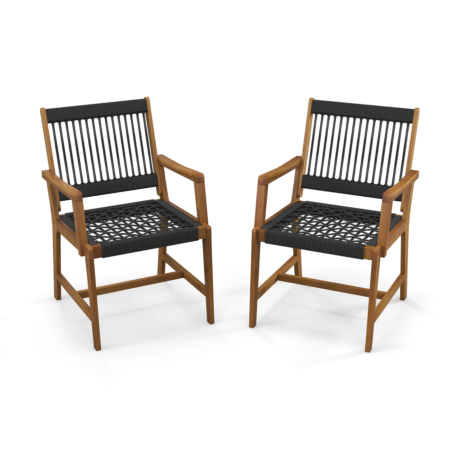 SUGIFT Set of 2 Hand-Woven Rope Patio Acacia Wood Dining Armchairs 360-lb Capacity Black and Natural