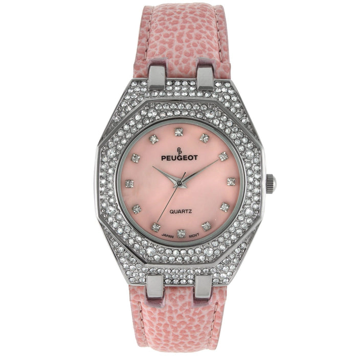 Peugeot Women's 37mm Pink Watch with Crystal Bezel Leather Band