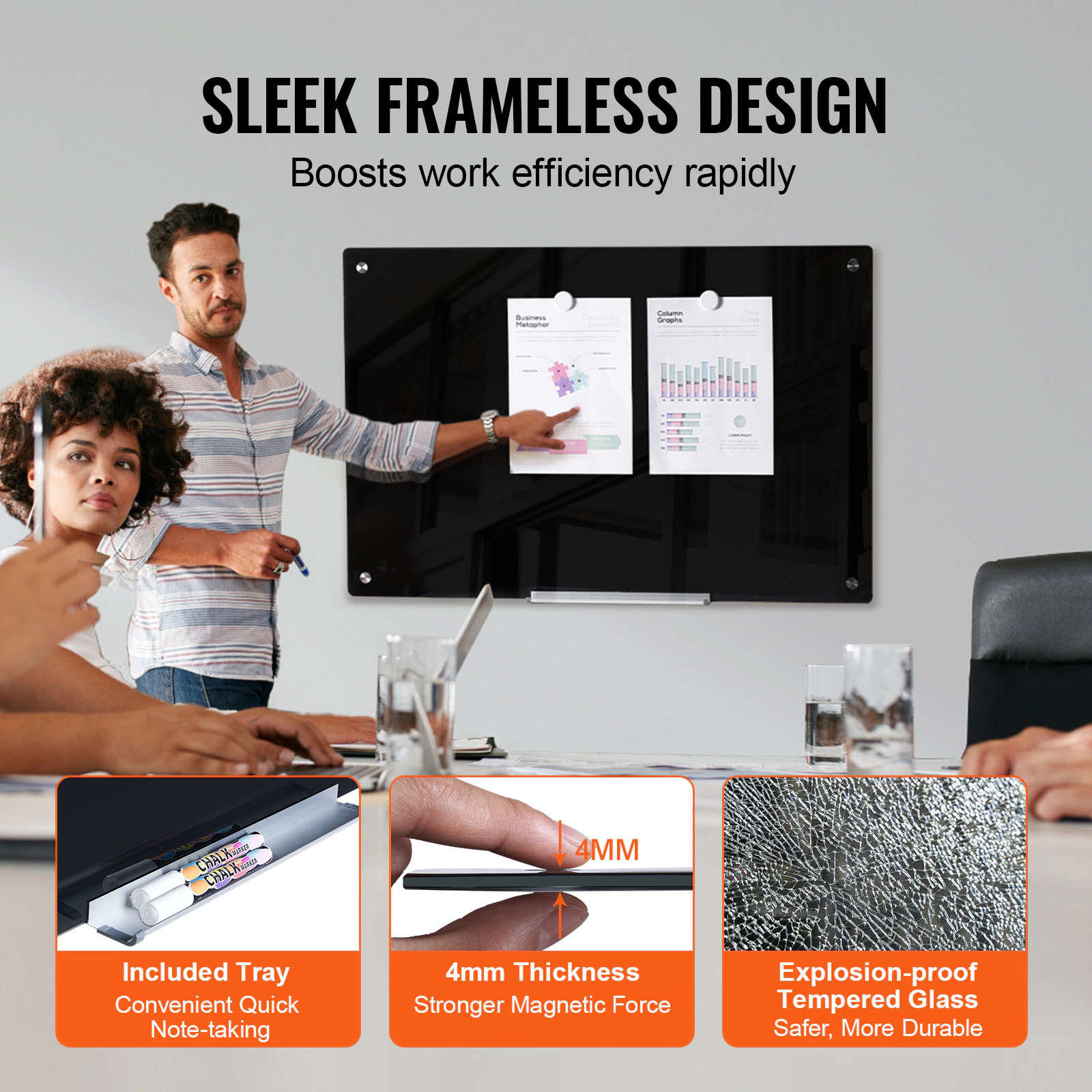 HONGGE 36 x 24 Inch Magnetic Glass Whiteboard, Frameless Wall-Mounted Dry Erase Board with Marker Tray