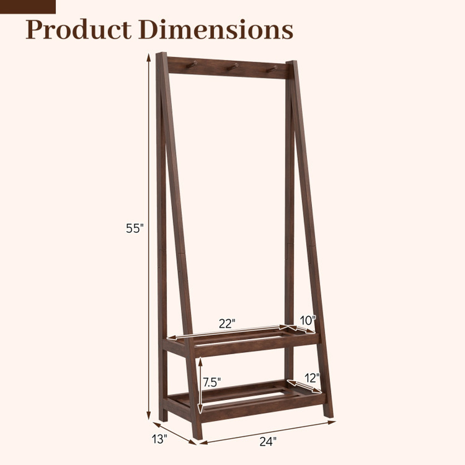 SUGIFT Walnut 55-in Tall Freestanding Solid Rubber Wood Clothes Rack with 3 Hooks and 2 Storage Shelves