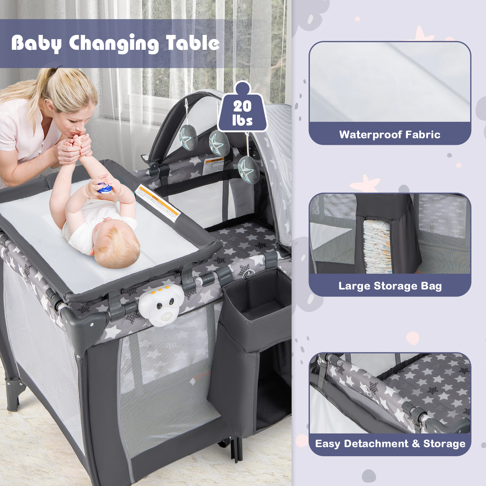 SUGIFT 4-in-1 Portable Baby Nursery Center Travel Crib and Playard 33-lb Capacity Ages 0-3 Years Gray