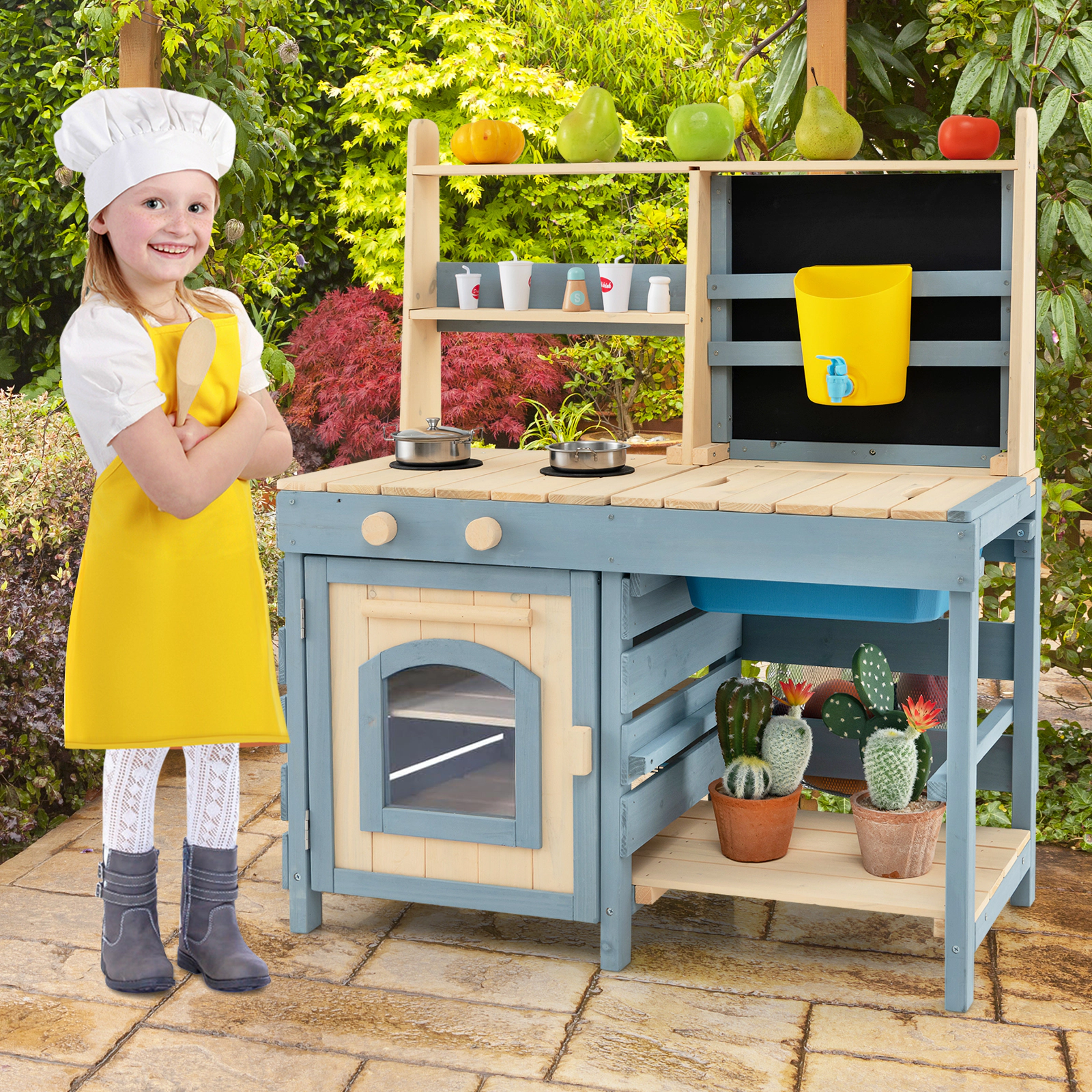 SUGIFT 2-in-1 Kids Wooden Mud Kitchen and Grocery Store Playset with Faucet Water Tank and Chalkboard