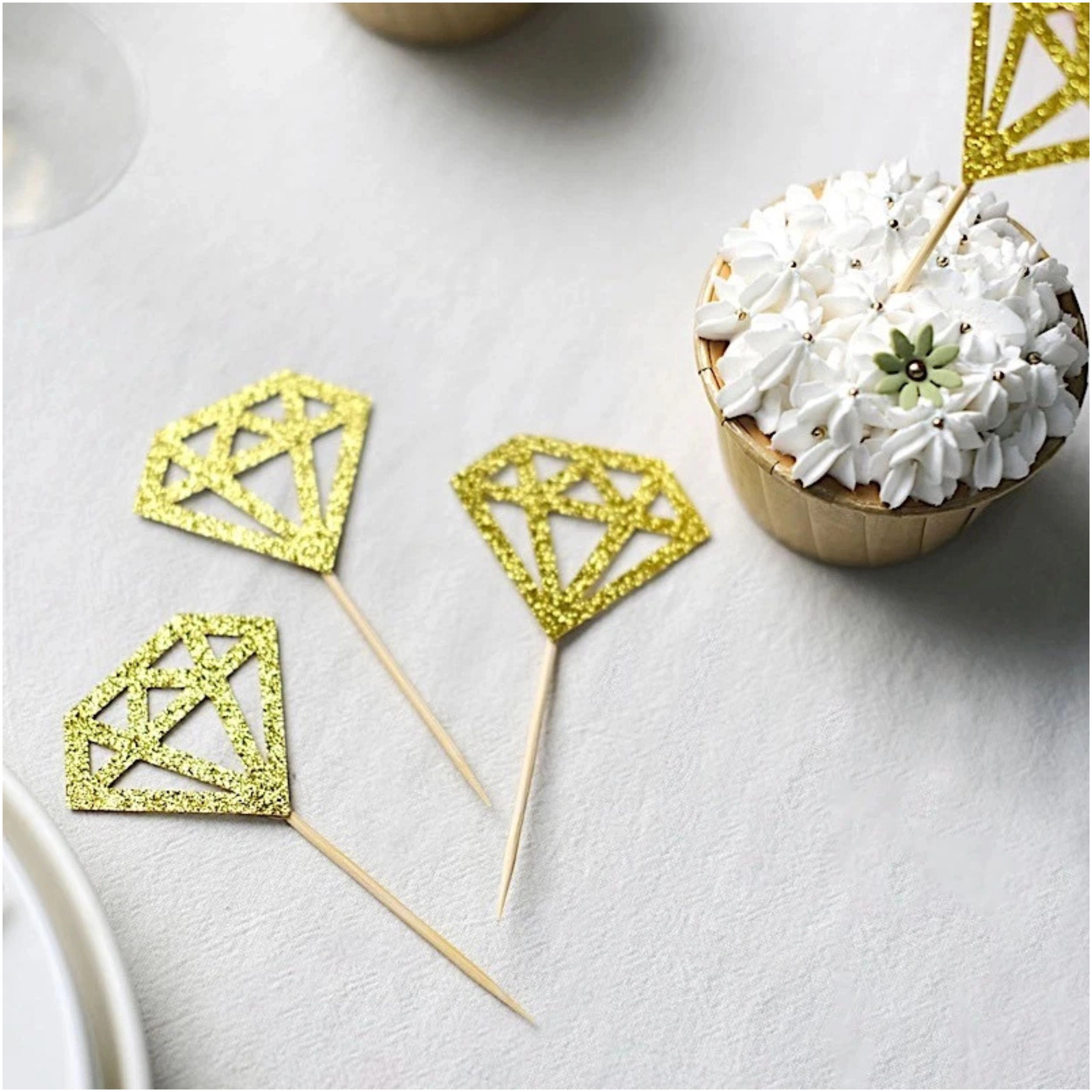 Home Collection Pack of 24 Gold Glitter Diamond Ring Cupcake Toppers with Wooden Picks
