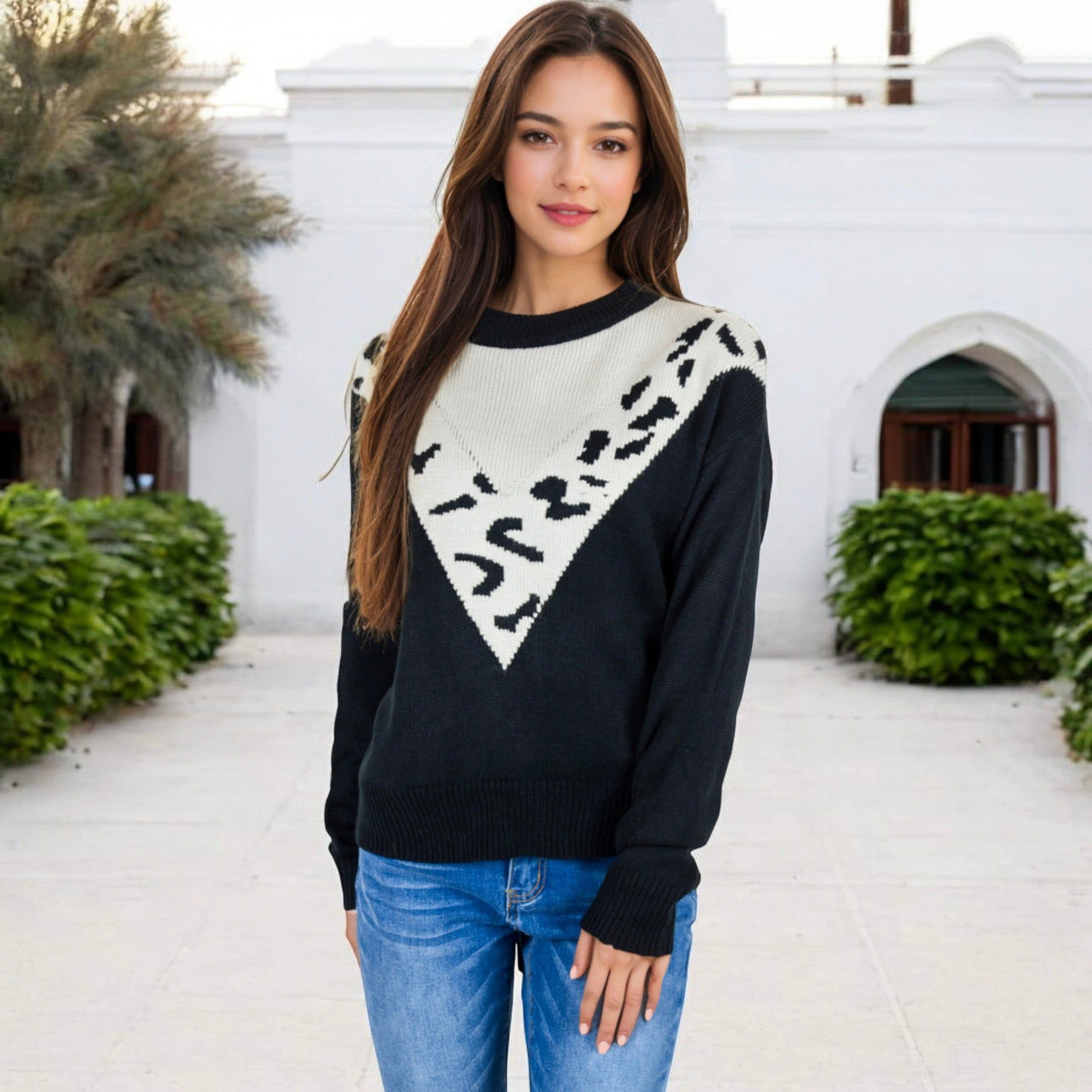 Anna-Kaci Women's Crew Neck Sweater with Contrast Leopard Print Chevron Design for Casual Looks