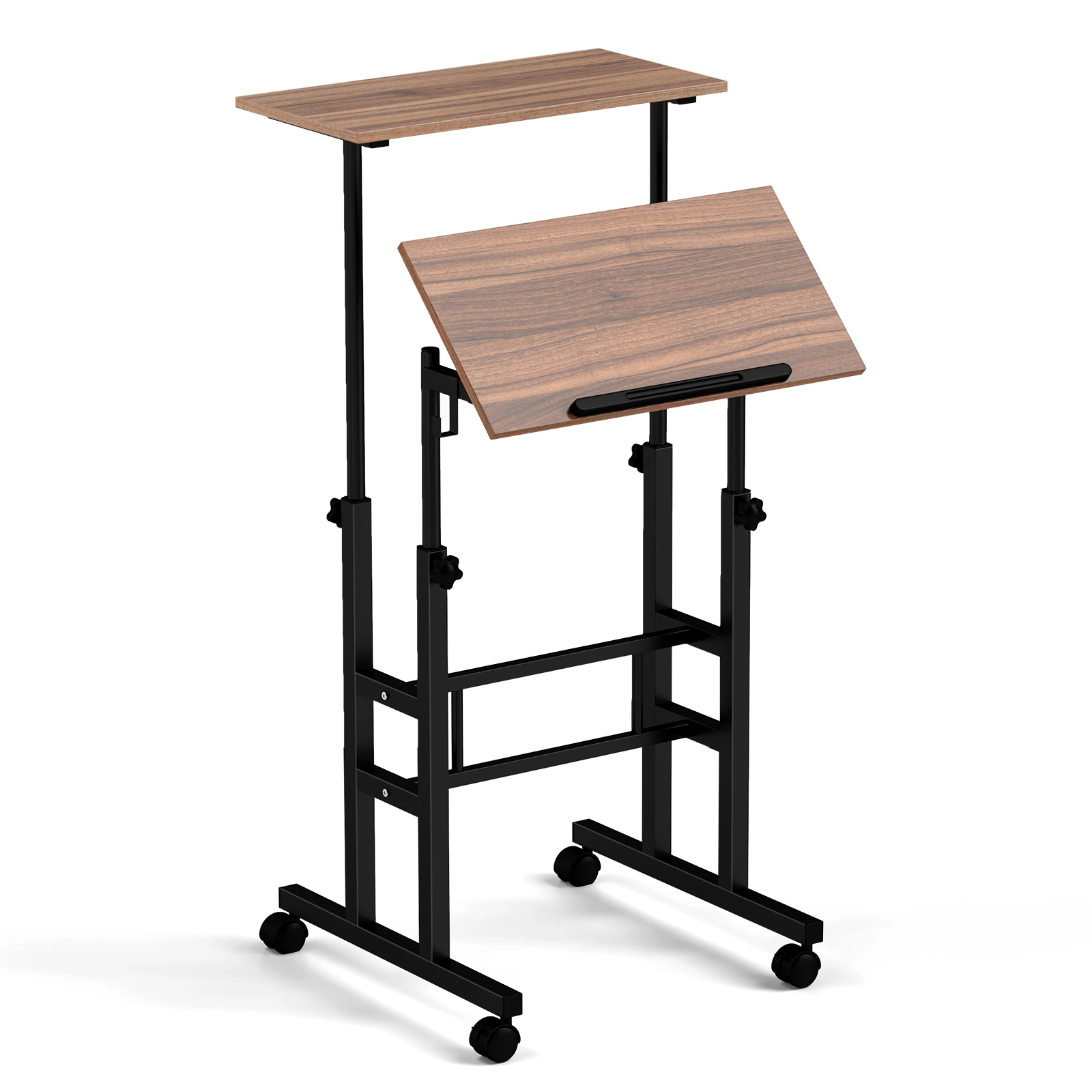 SUGIFT Height-Adjustable Mobile Standing Desk with Split Top 44-lb Capacity Walnut/Natural/Black
