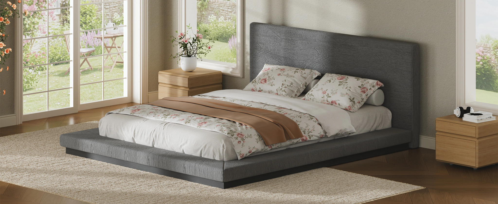 Flynama Queen Floating Bed with Padded Headboard, Low Profile Metal Slat Base, Gray