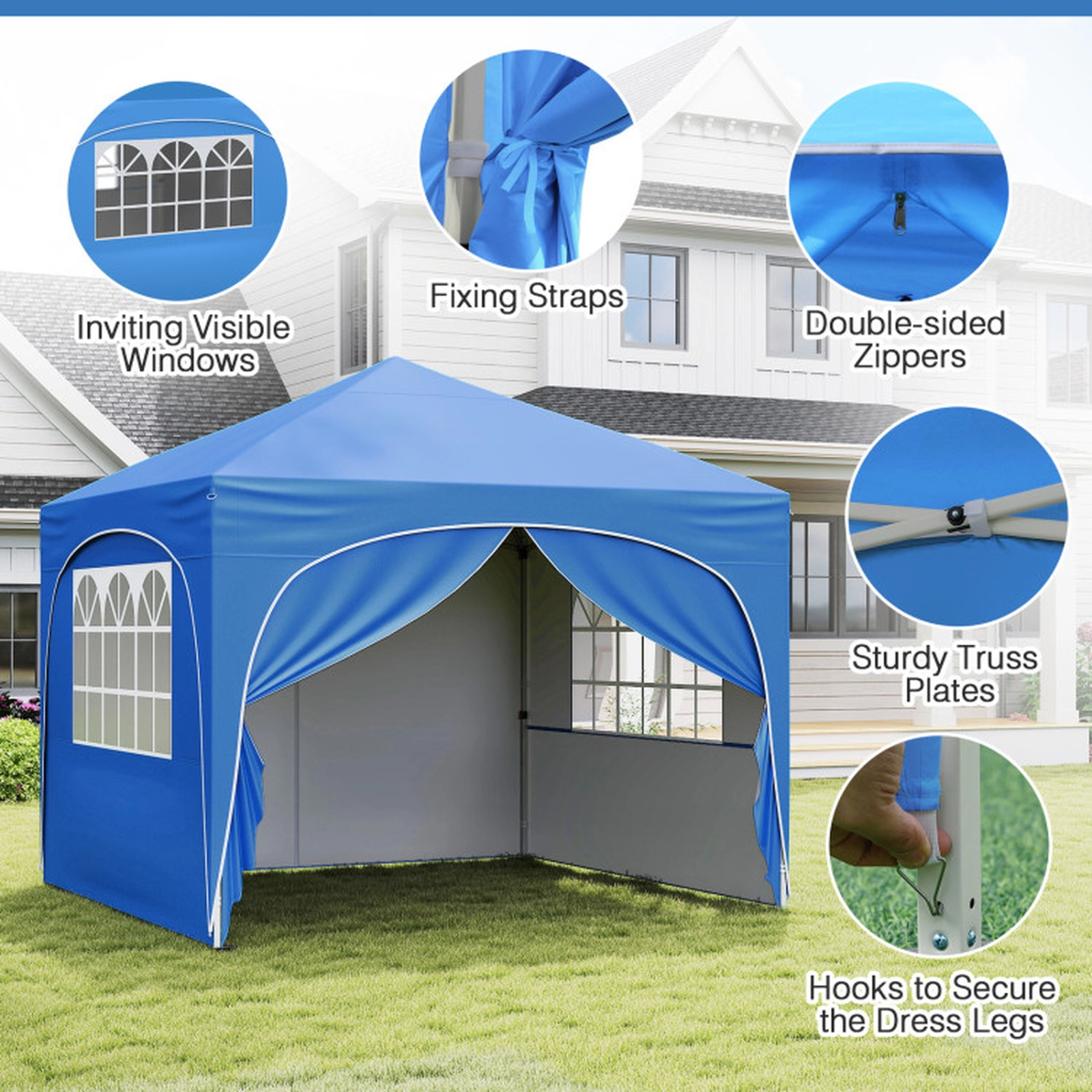 SUGIFT Blue Instant Pop Up Canopy Tent with 4 Removable Sidewalls and 4 Ground Anchors 10-ft W 10-ft D 8.7-ft H