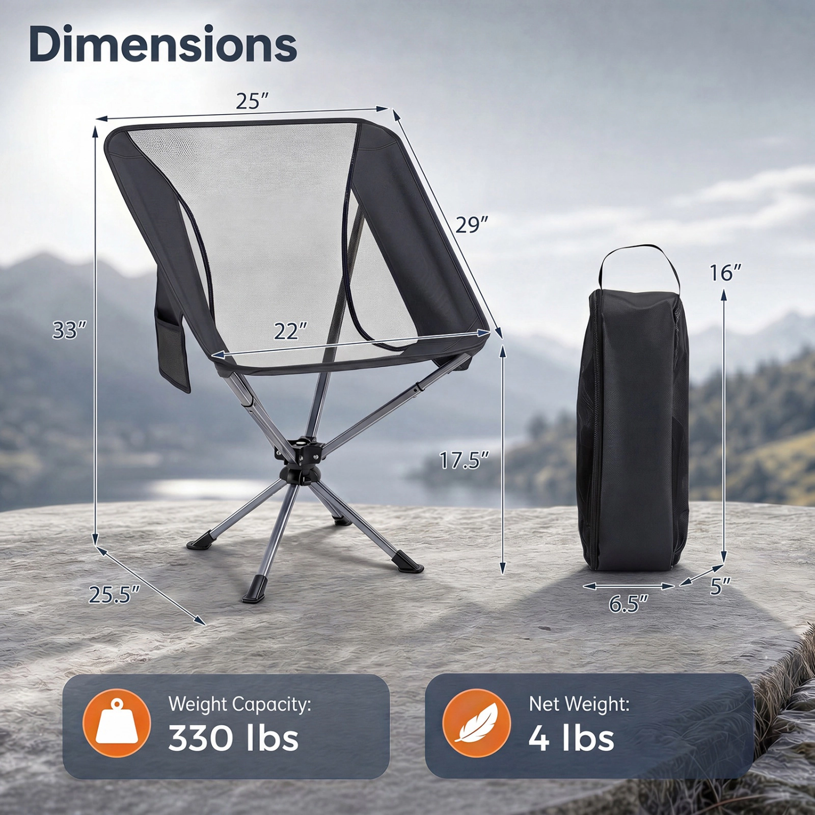 SUGIFT Black 360-Degree Swivel Folding Camping Chair with Aluminum Frame 25-in W 25.5-in D 330-lb Seat Capacity