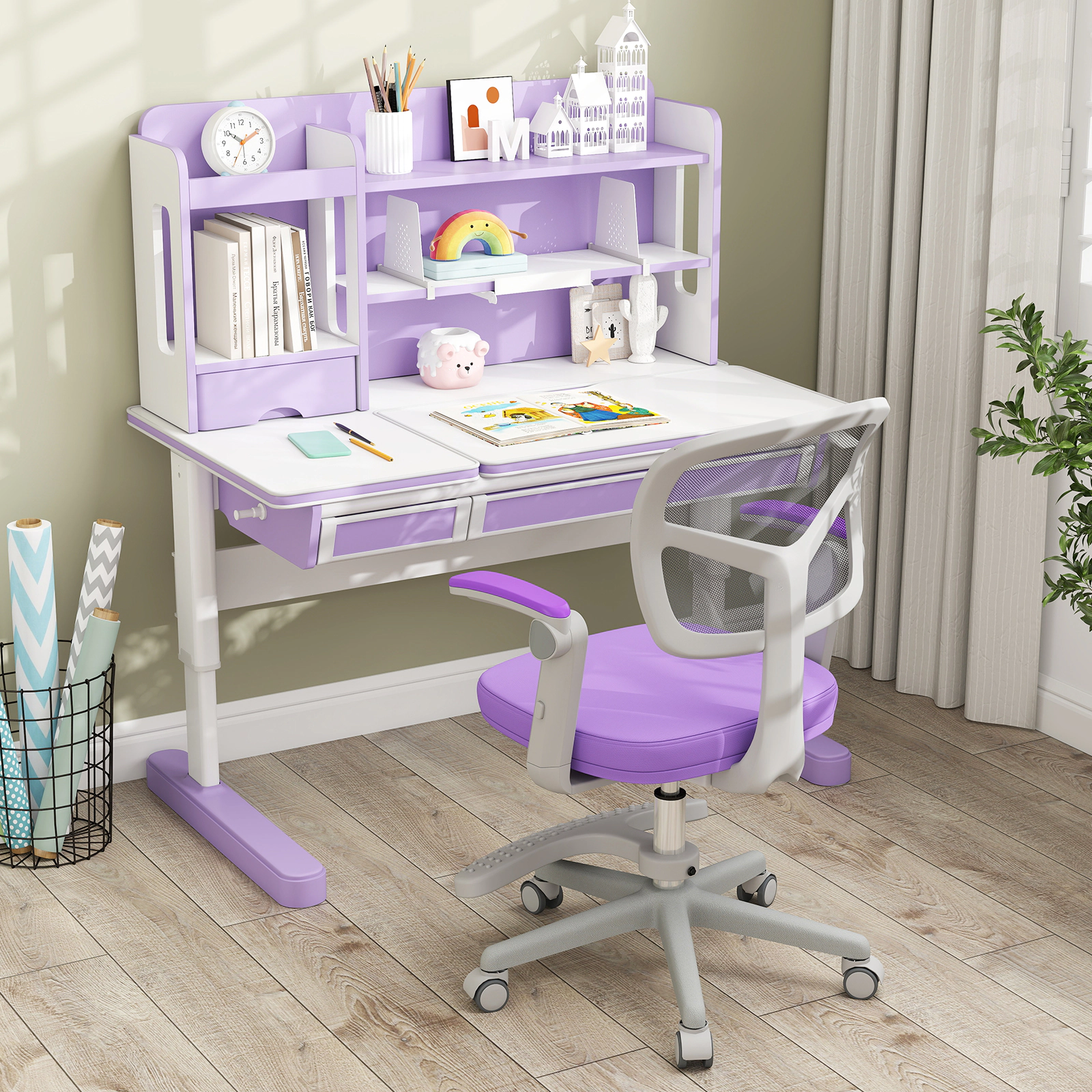 SUGIFT Purple Kids Ergonomic Desk Chair with Adjustable Footrest and Flip-Up Arms