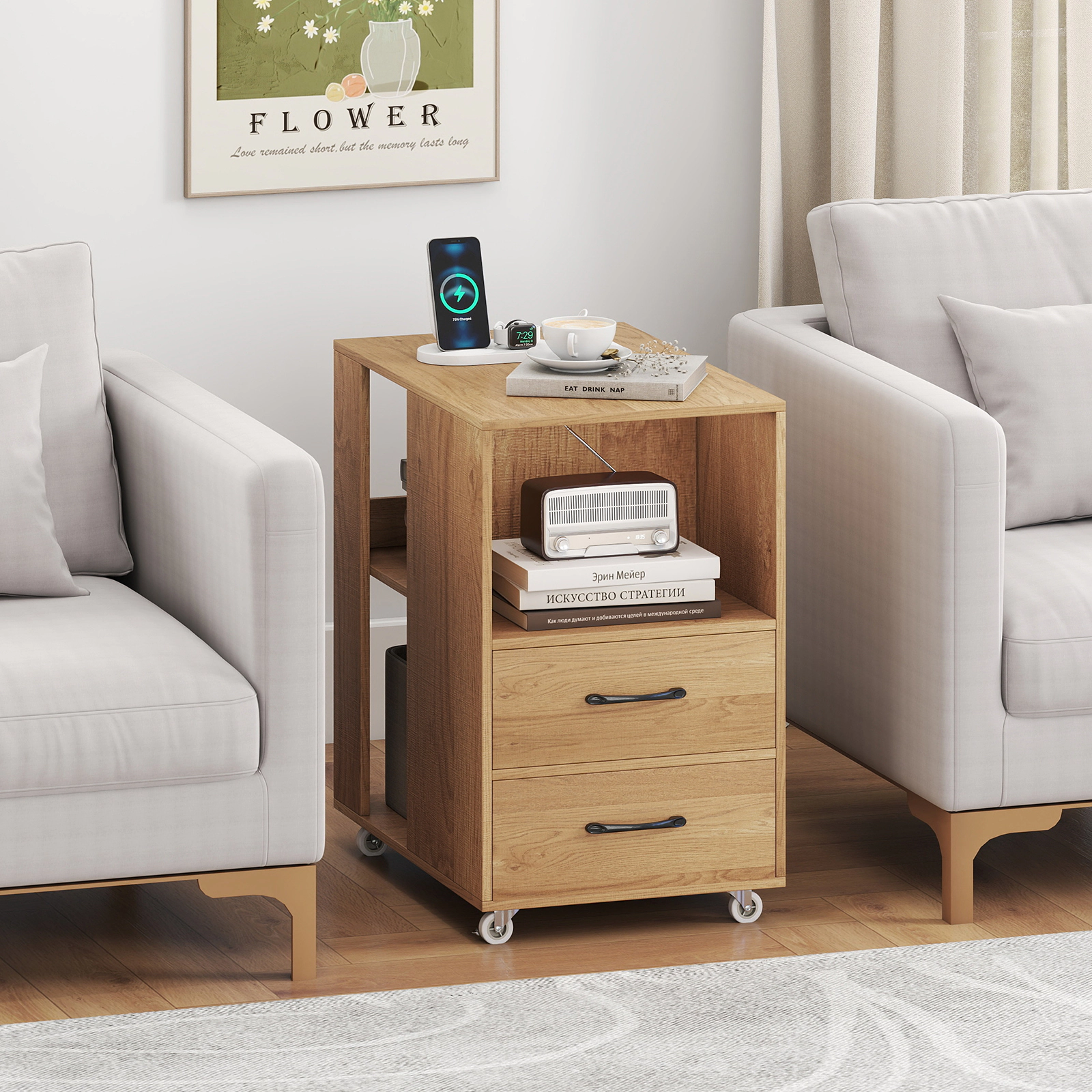 SUGIFT End Table with Built-in Charging Station Sofa Side Bedside Table on Wheels Natural/White