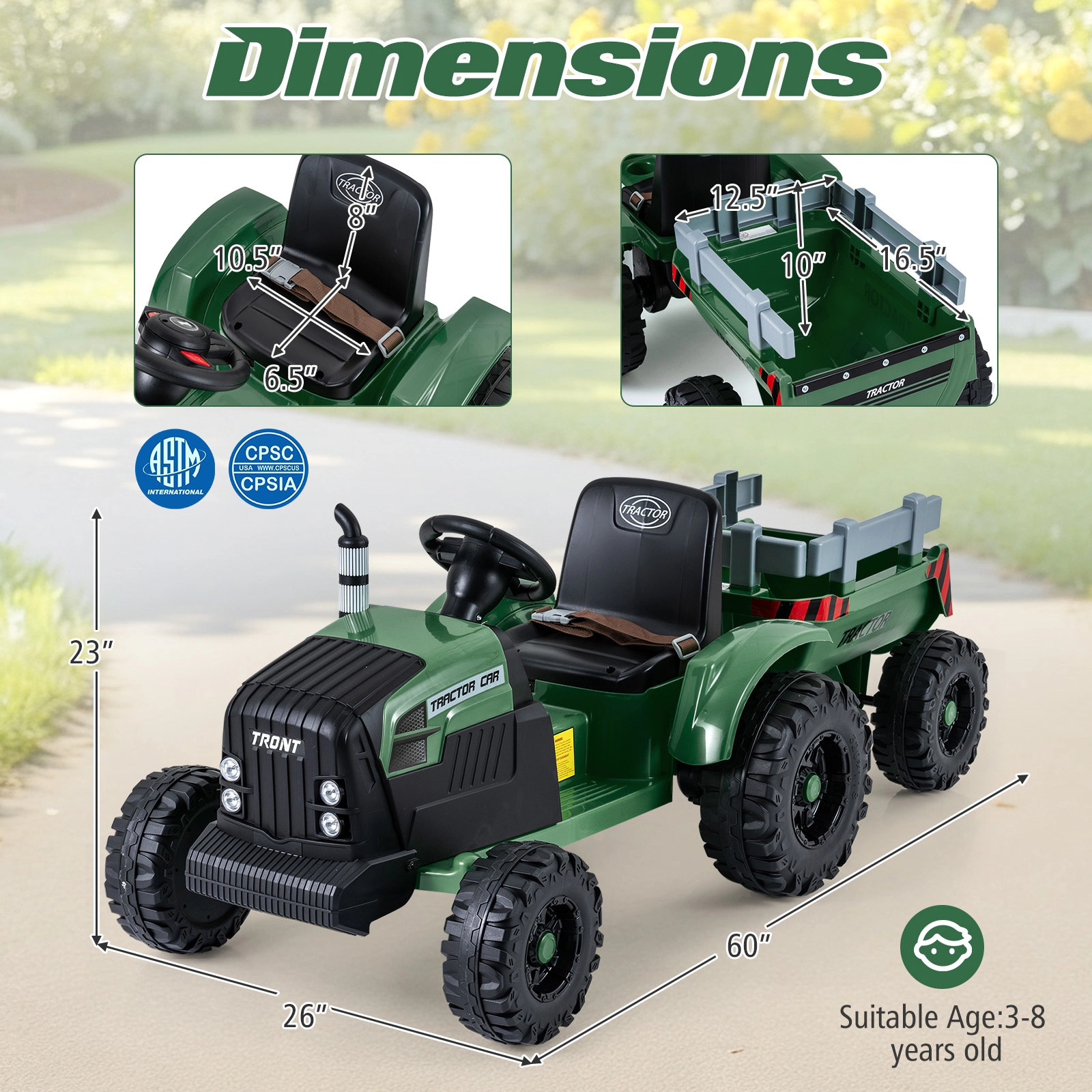 SUGIFT 24V Electric Ride On Tractor Detachable Trailer & Remote Control 77-lb Capacity Ages 3-8 Dark Green 60-in Vehicle