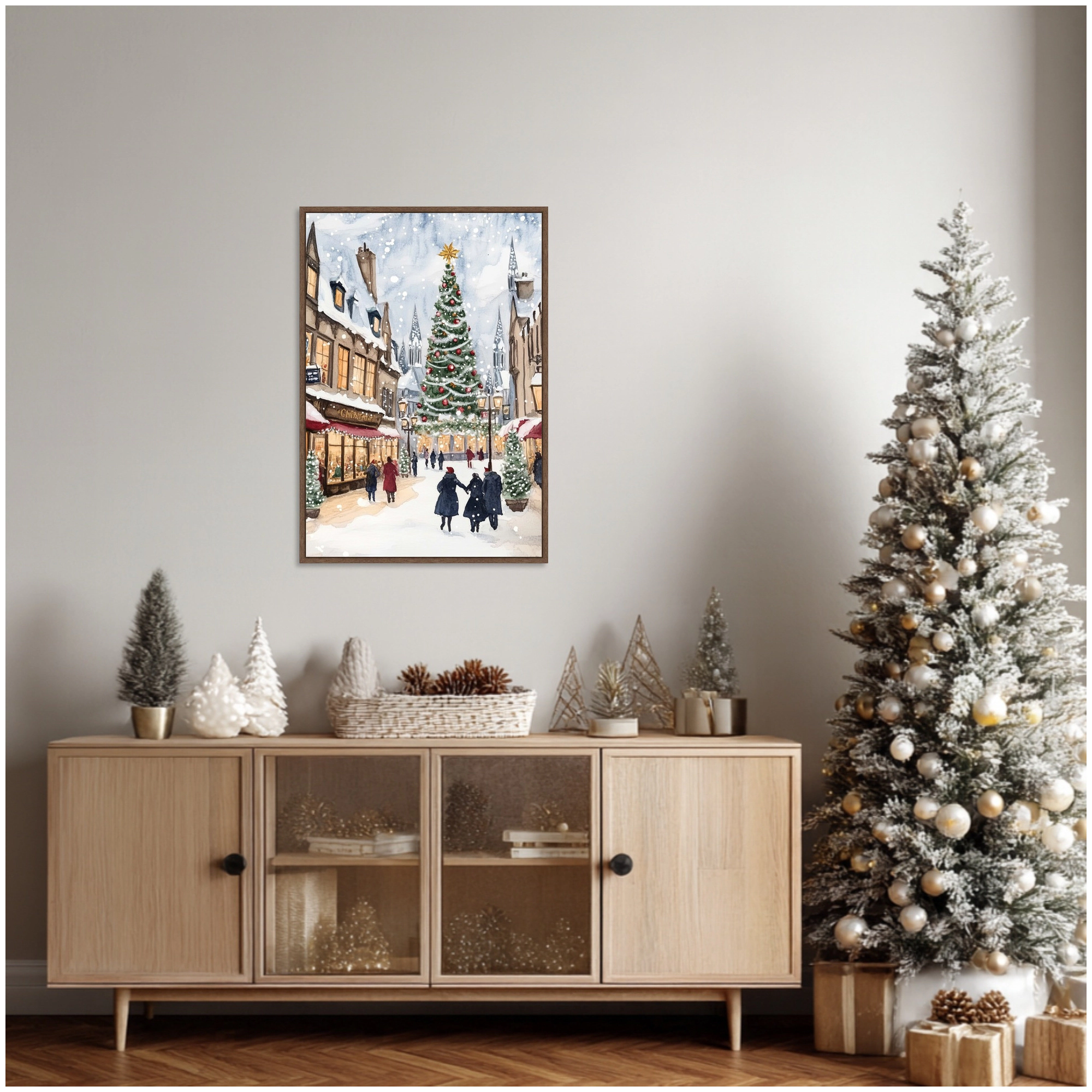 Amanti Art Snowy Christmas Town Framed Canvas Wall Art Print