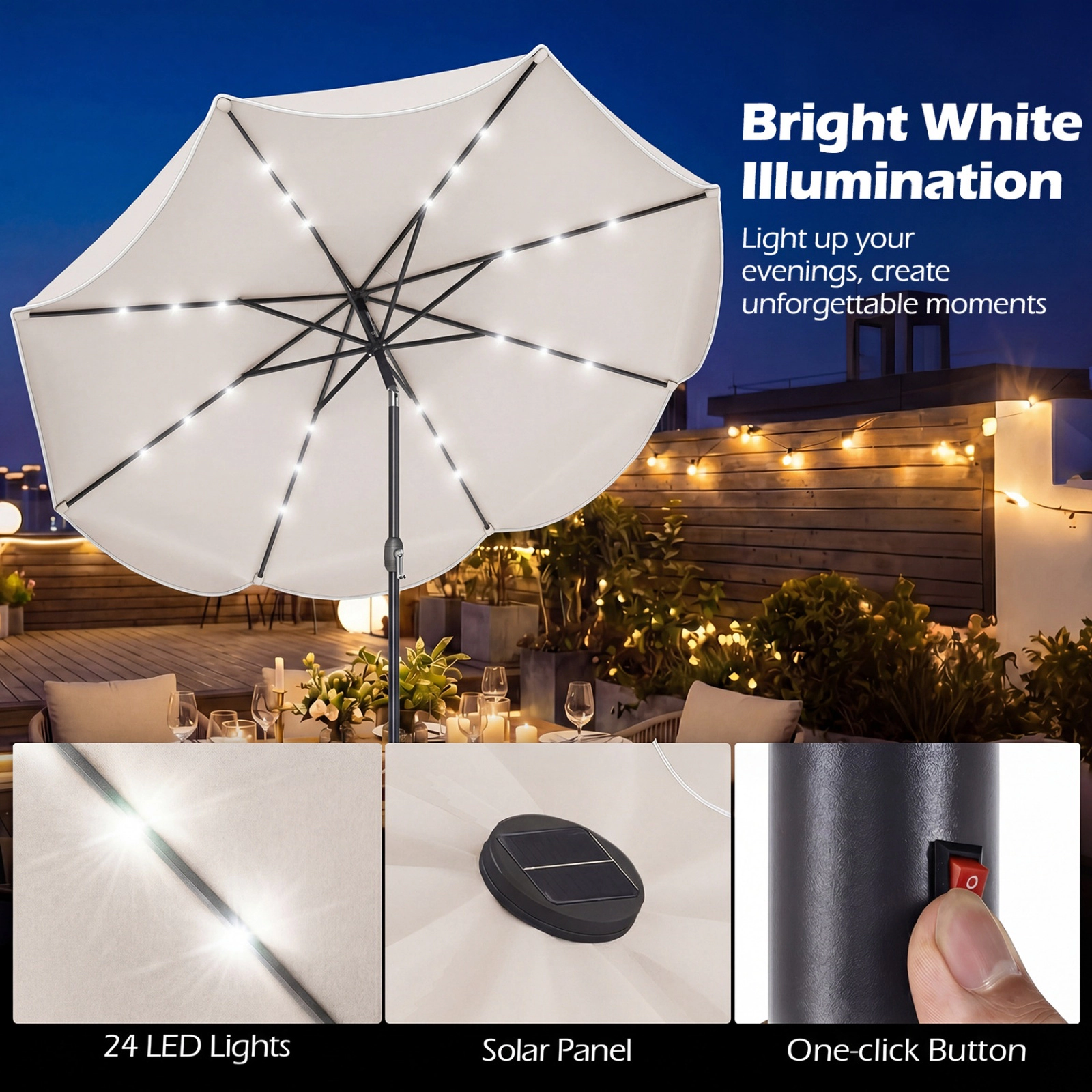 SUGIFT 24 LED Lights and Push Button Tilt 9 FT Scalloped Solar Market Patio Umbrella