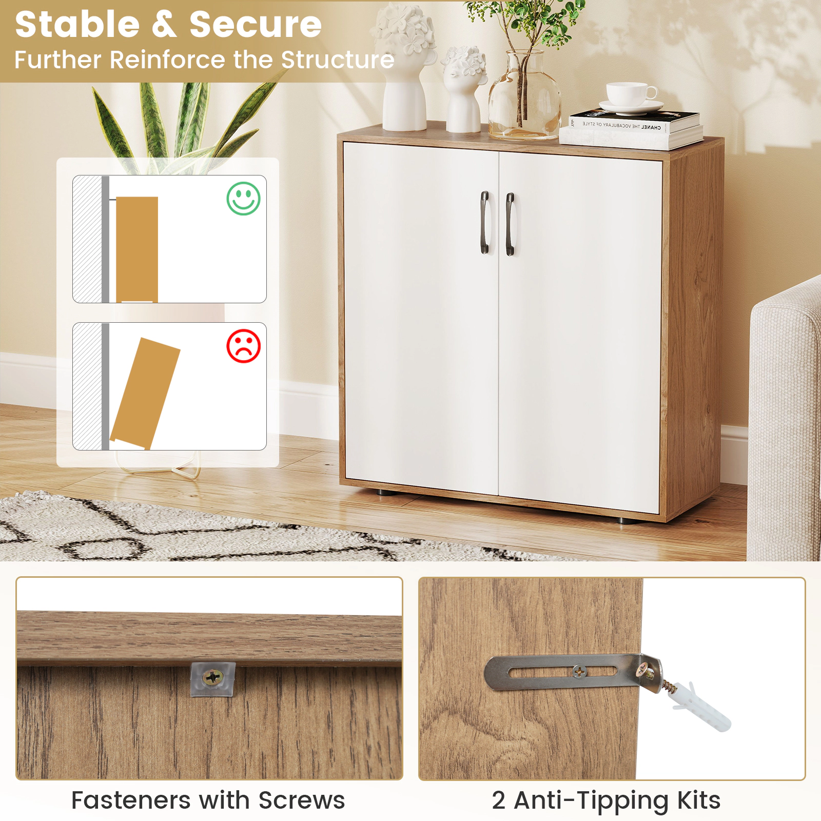 Glintex 32.5-Inch Coffee Bar Cabinet with 5-Level Shelf and Soft-Close Doors, White & Natural