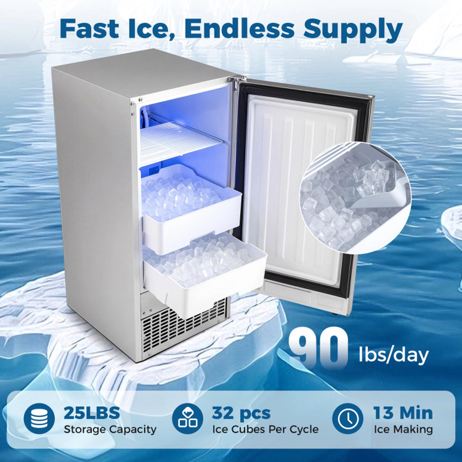 SUGIFT Silver Undercounter Ice Maker with 25-lb Storage Bin 90-lb Daily Output 15-in W 20.3-in D 33.5-in H