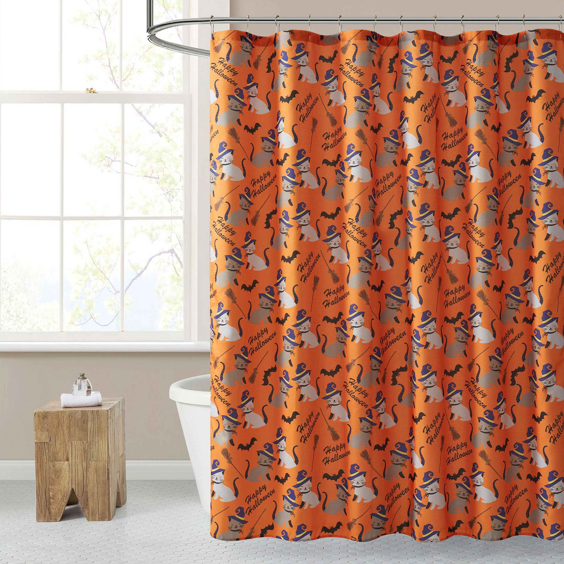 Kate Aurora Halloween Accents Kitty Witches & Broomsticks Festive Orange Fabric Shower Curtain